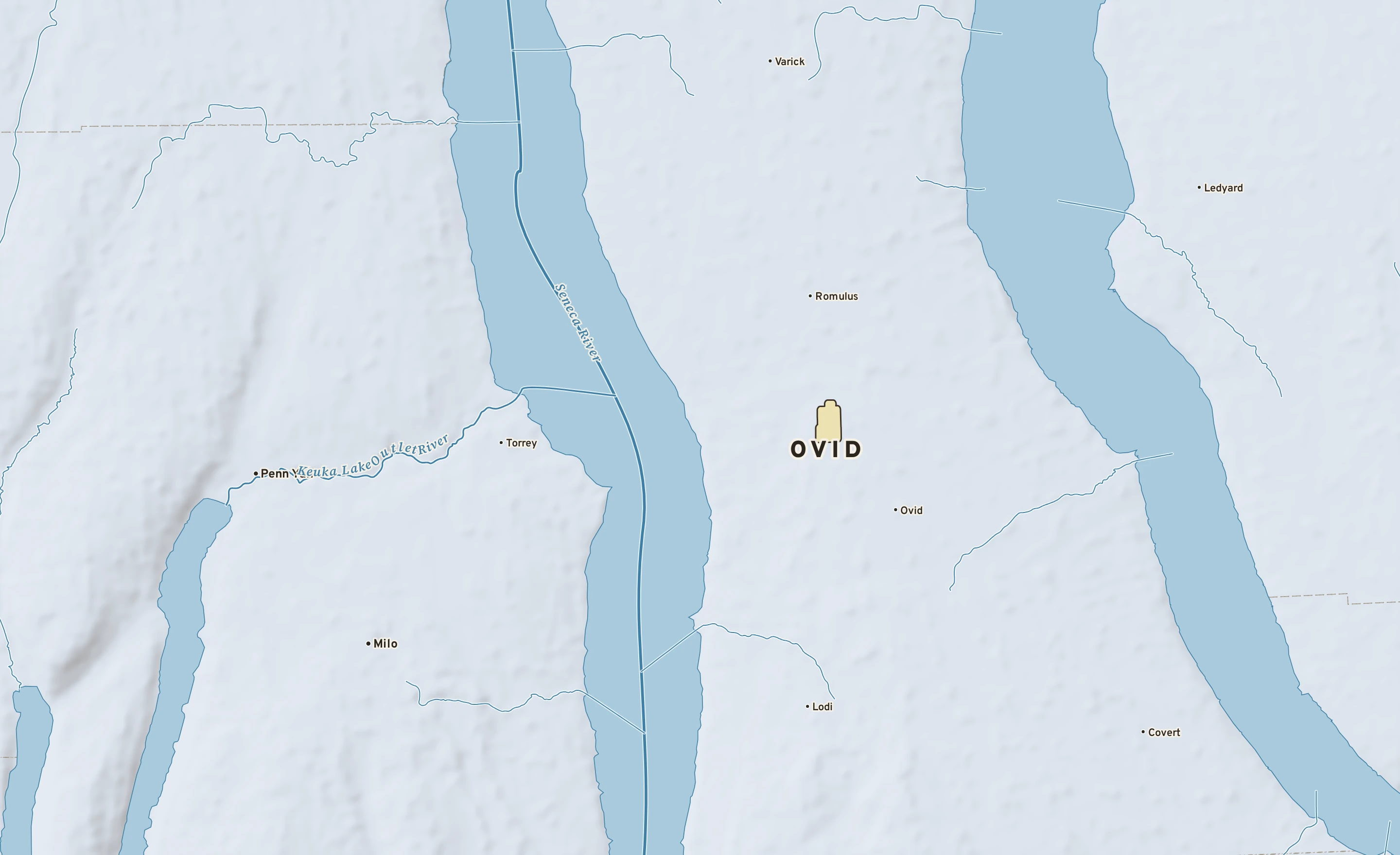 Shaded-relief atlas plate of Ovid, New York: rivers, roads, the city limits and where the water drains.