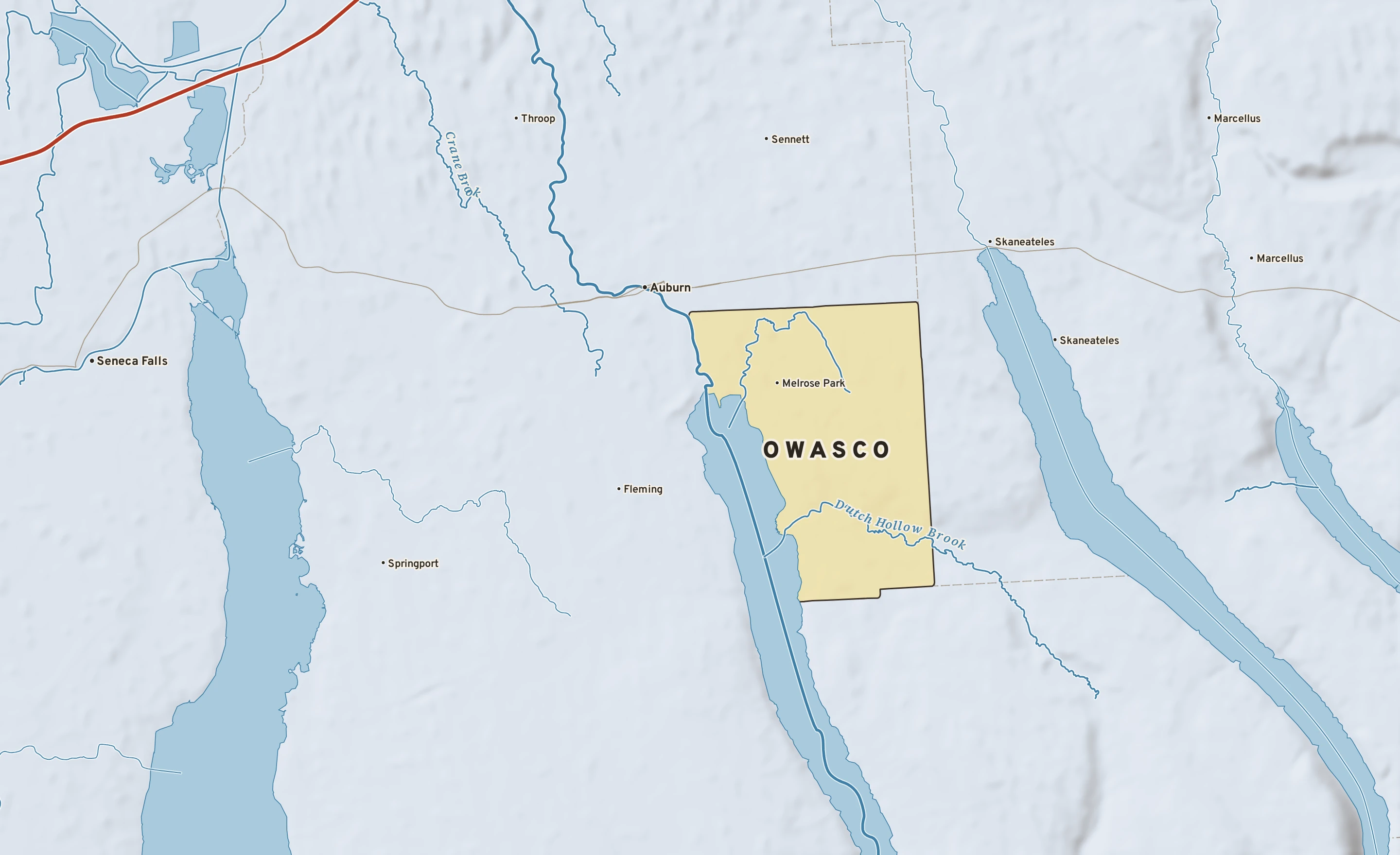 Shaded-relief atlas plate of Owasco, New York: rivers, roads, the city limits and where the water drains.