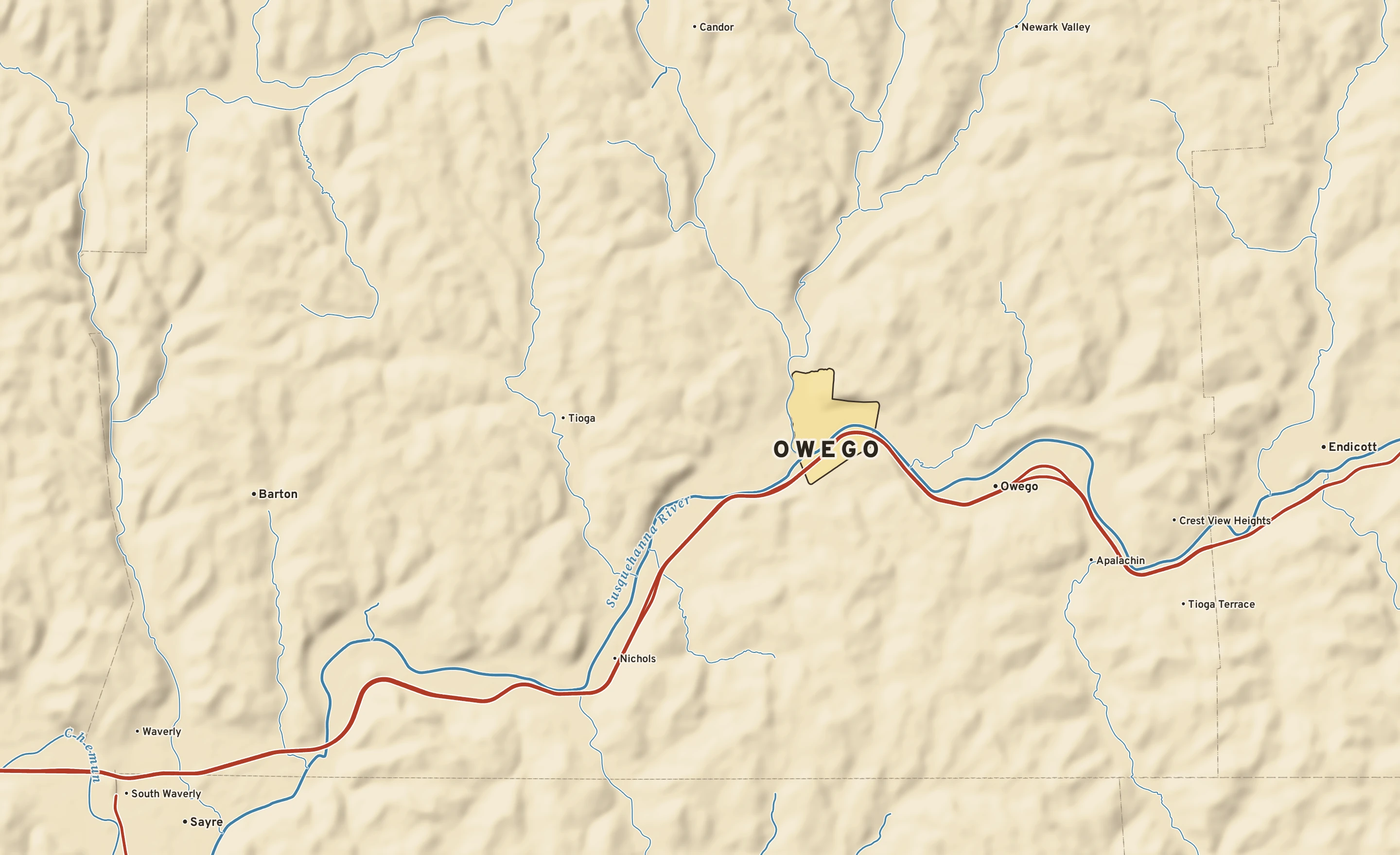 Shaded-relief atlas plate of Owego, New York: rivers, roads, the city limits and where the water drains.