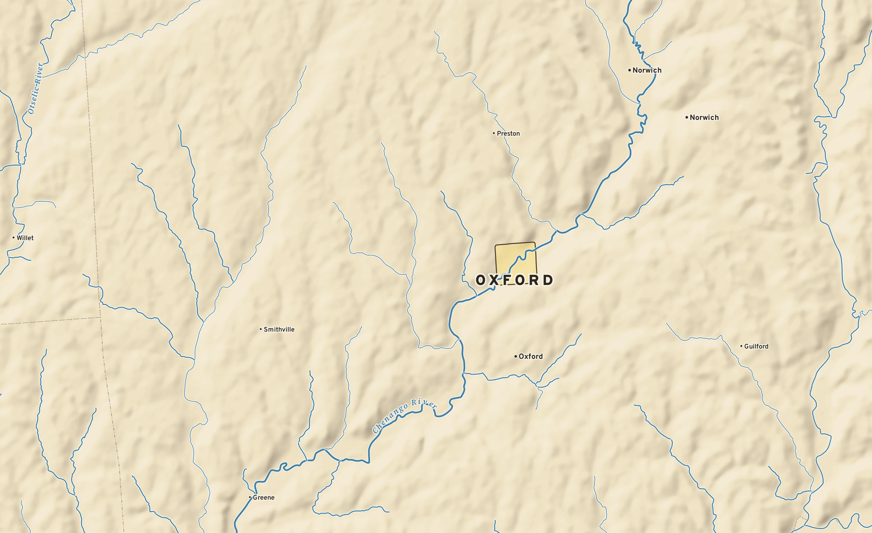 Shaded-relief atlas plate of Oxford, New York: rivers, roads, the city limits and where the water drains.