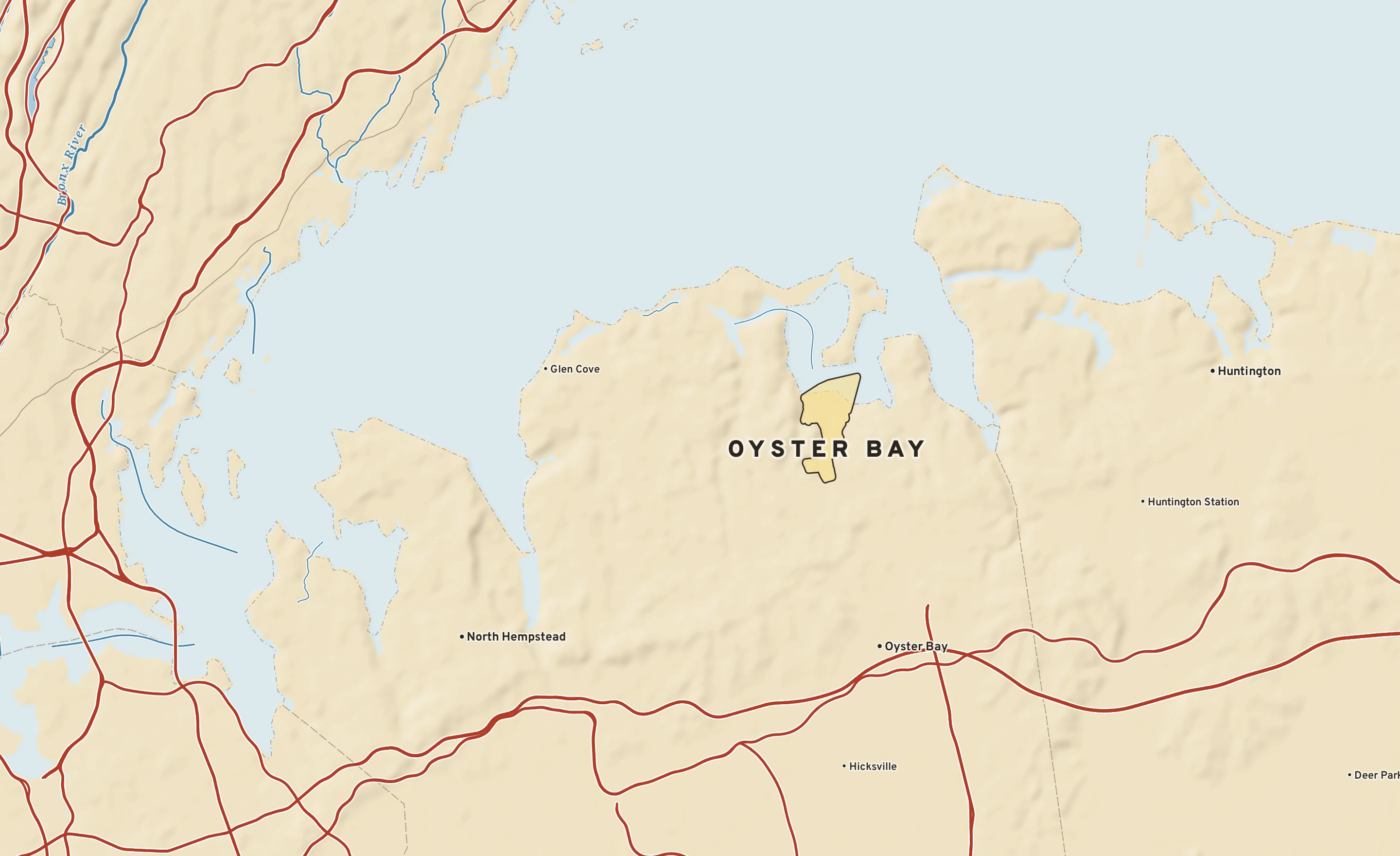 Shaded-relief atlas plate of Oyster Bay, New York: rivers, roads, the city limits and where the water drains.