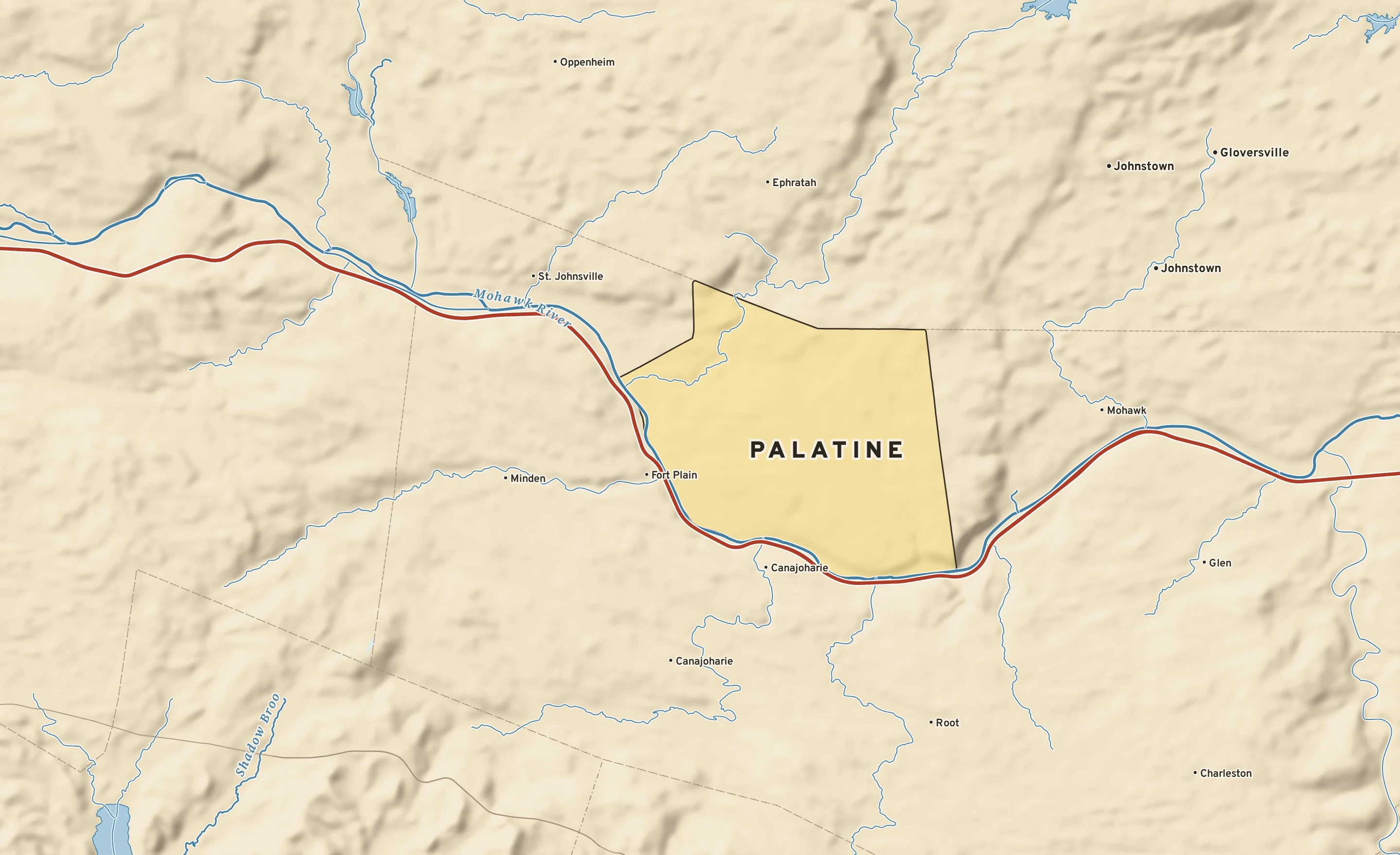 Shaded-relief atlas plate of Palatine, New York: rivers, roads, the city limits and where the water drains.