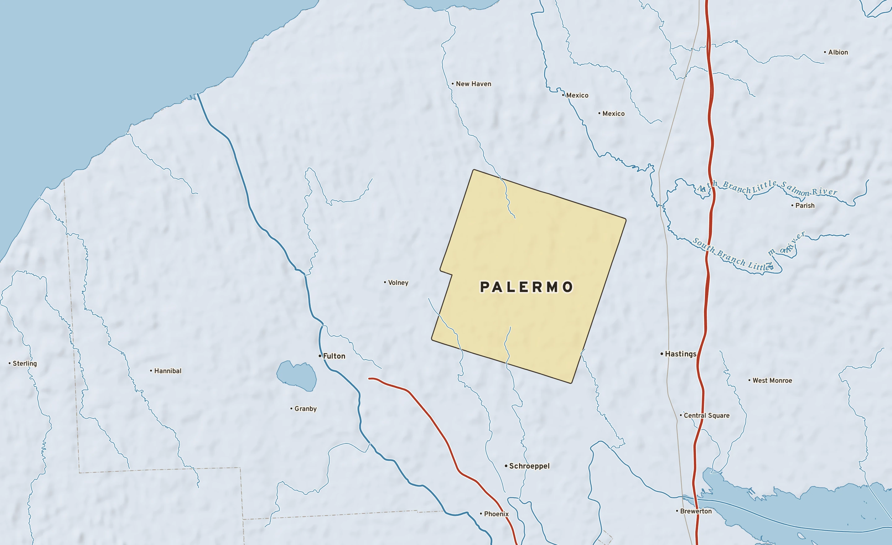 Shaded-relief atlas plate of Palermo, New York: rivers, roads, the city limits and where the water drains.