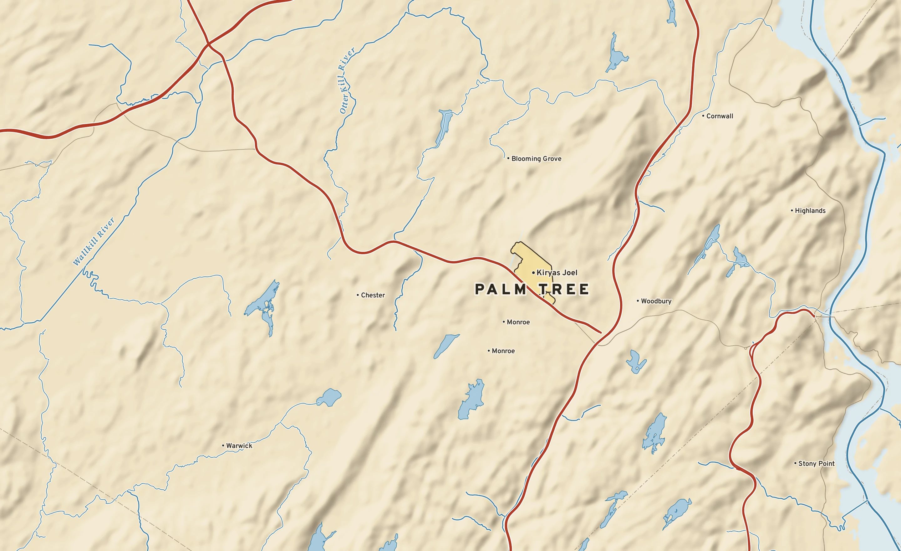 Shaded-relief atlas plate of Palm Tree, New York: rivers, roads, the city limits and where the water drains.