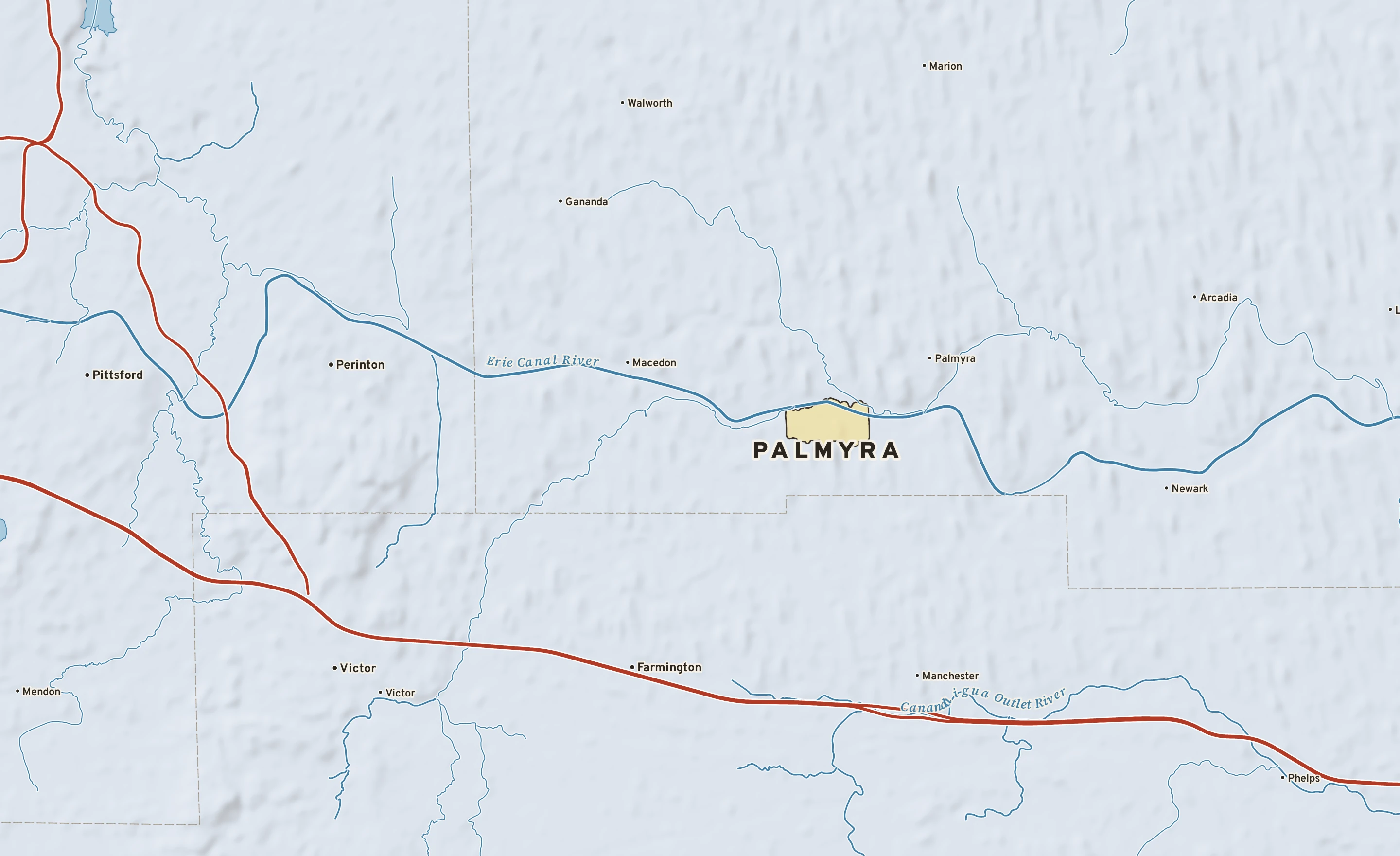 Shaded-relief atlas plate of Palmyra, New York: rivers, roads, the city limits and where the water drains.