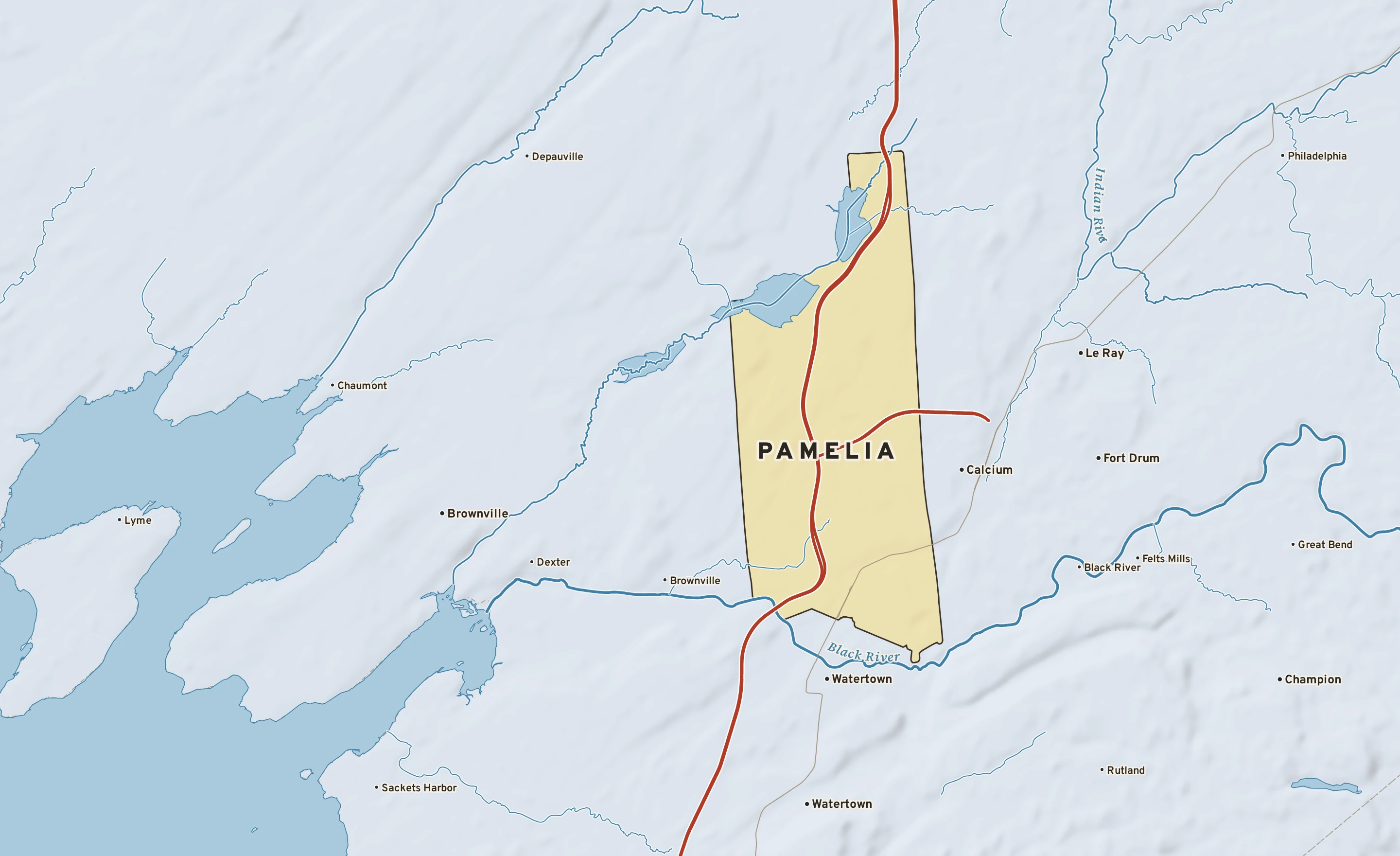 Shaded-relief atlas plate of Pamelia, New York: rivers, roads, the city limits and where the water drains.
