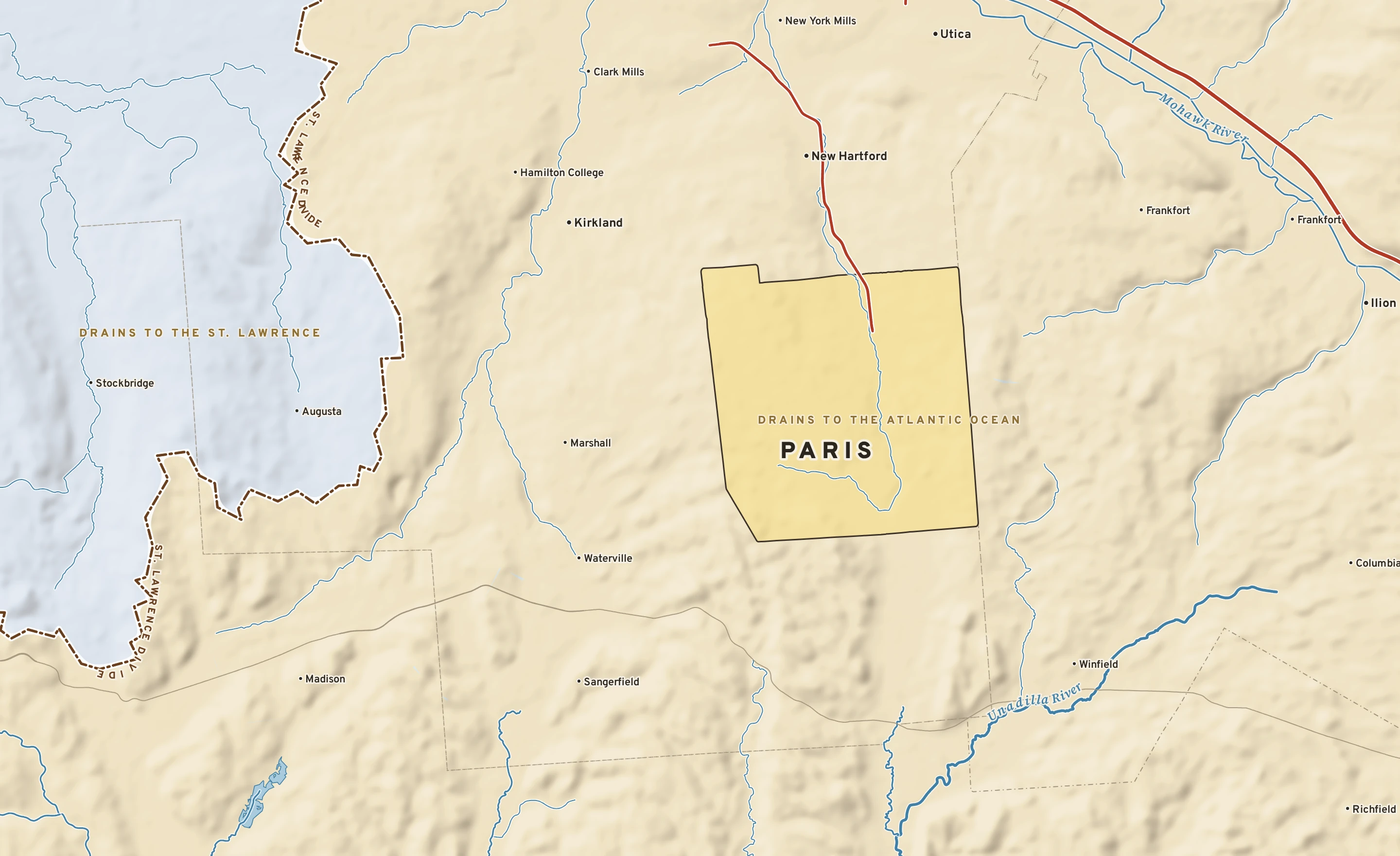 Shaded-relief atlas plate of Paris, New York: rivers, roads, the city limits and where the water drains.