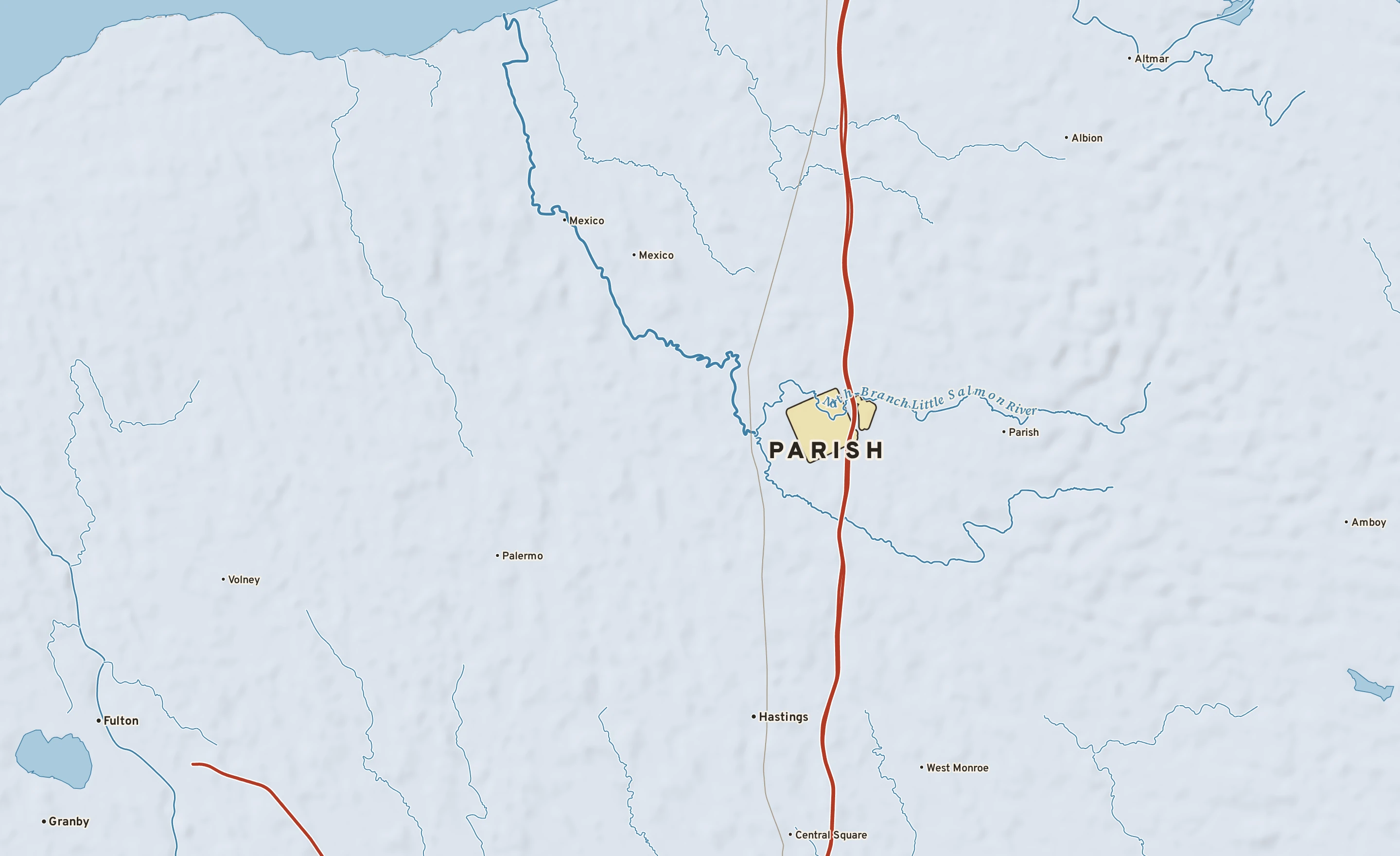 Shaded-relief atlas plate of Parish, New York: rivers, roads, the city limits and where the water drains.