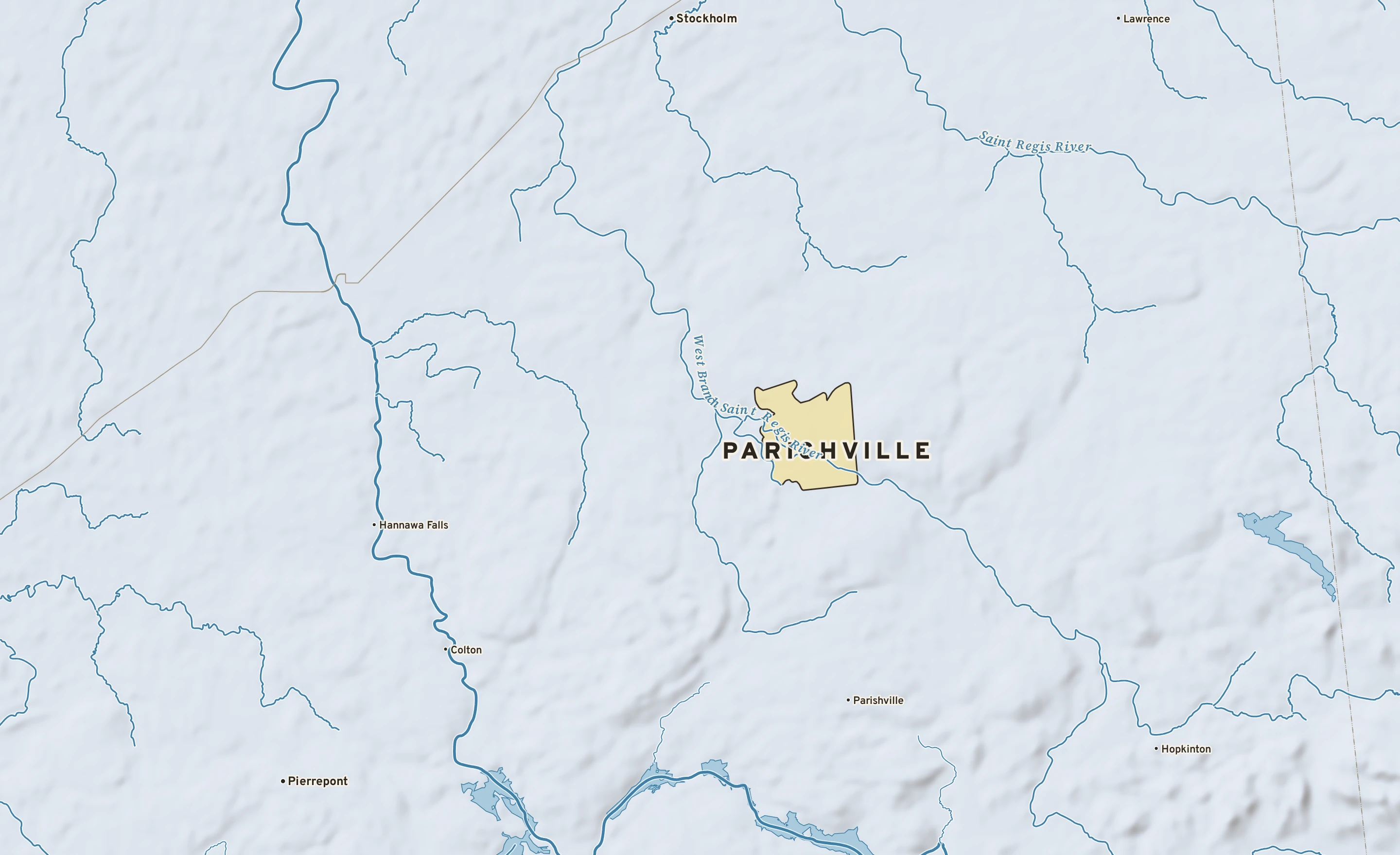 Shaded-relief atlas plate of Parishville, New York: rivers, roads, the city limits and where the water drains.