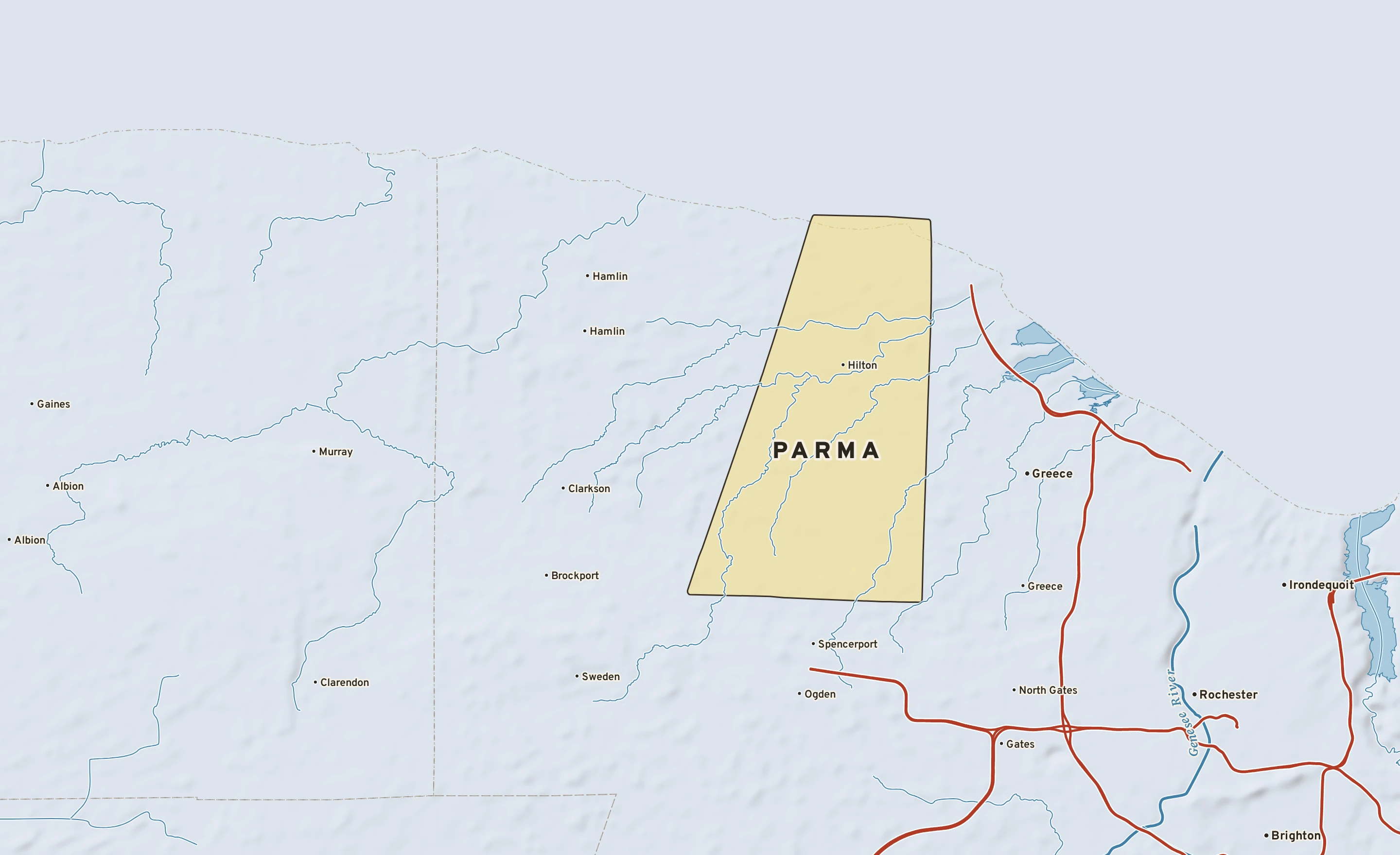 Shaded-relief atlas plate of Parma, New York: rivers, roads, the city limits and where the water drains.