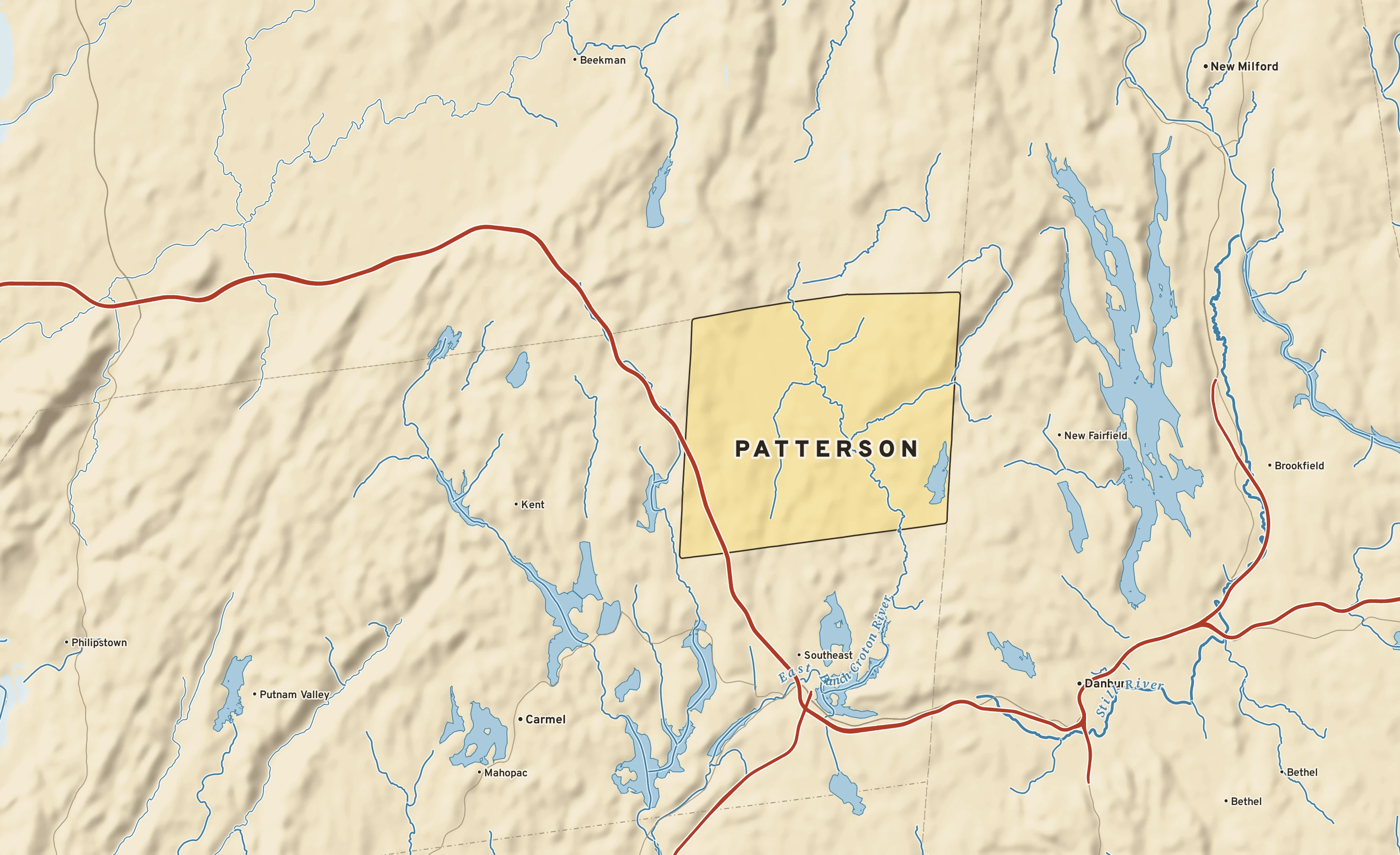 Shaded-relief atlas plate of Patterson, New York: rivers, roads, the city limits and where the water drains.