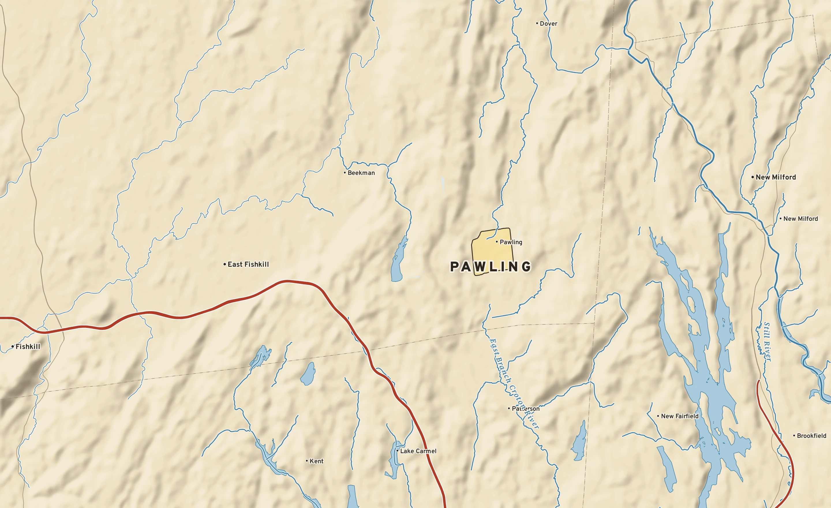 Shaded-relief atlas plate of Pawling, New York: rivers, roads, the city limits and where the water drains.