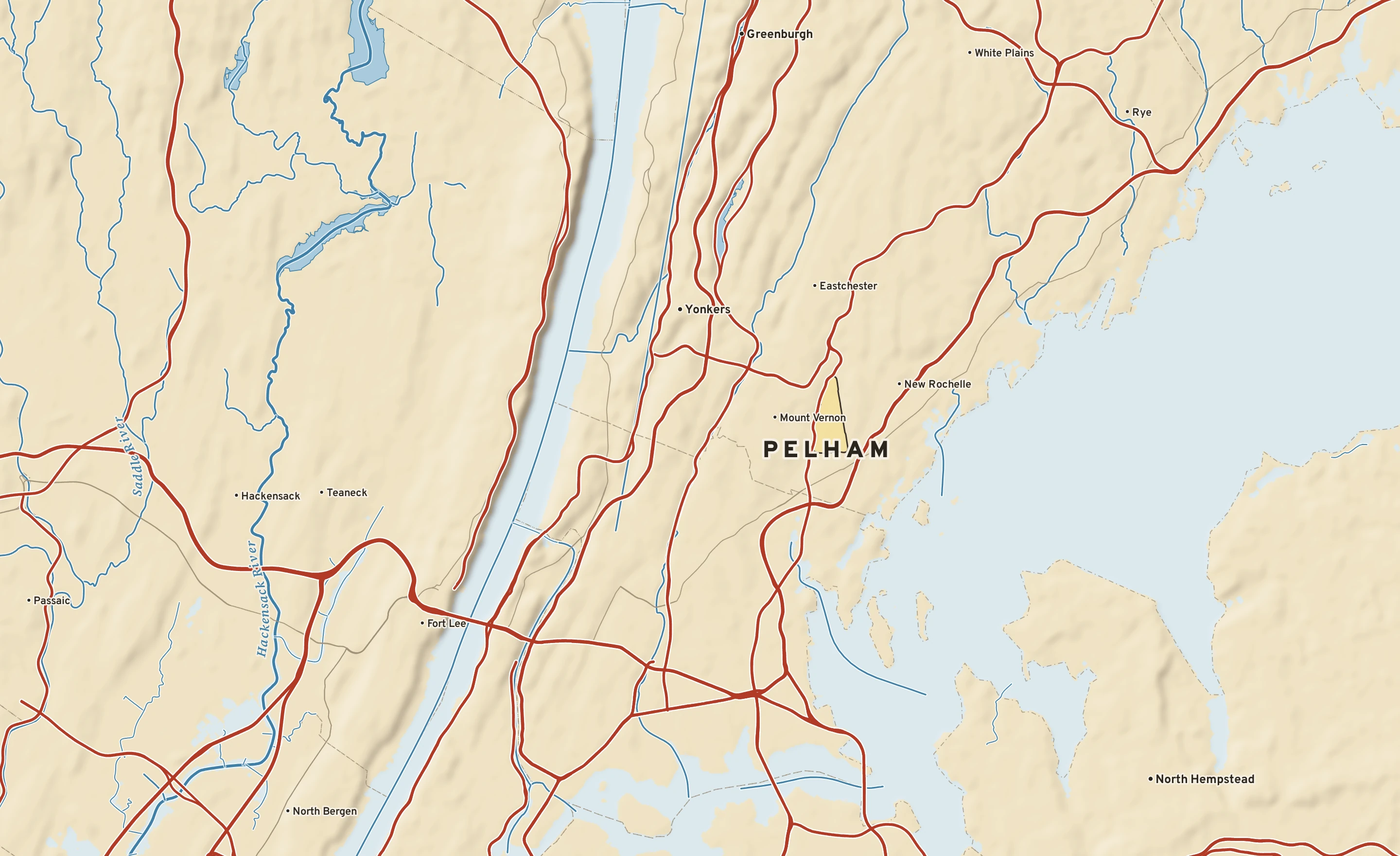 Shaded-relief atlas plate of Pelham, New York: rivers, roads, the city limits and where the water drains.