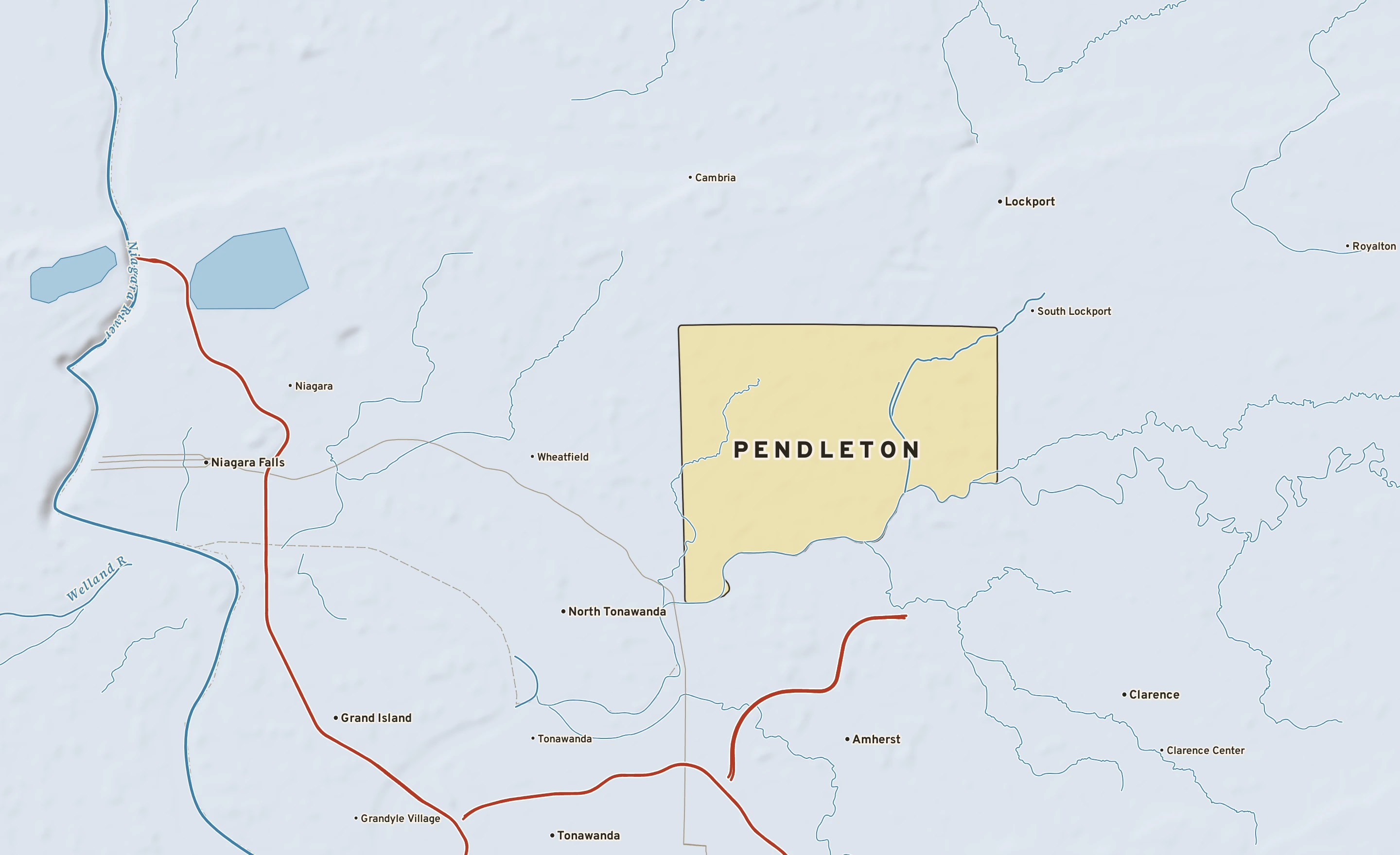Shaded-relief atlas plate of Pendleton, New York: rivers, roads, the city limits and where the water drains.
