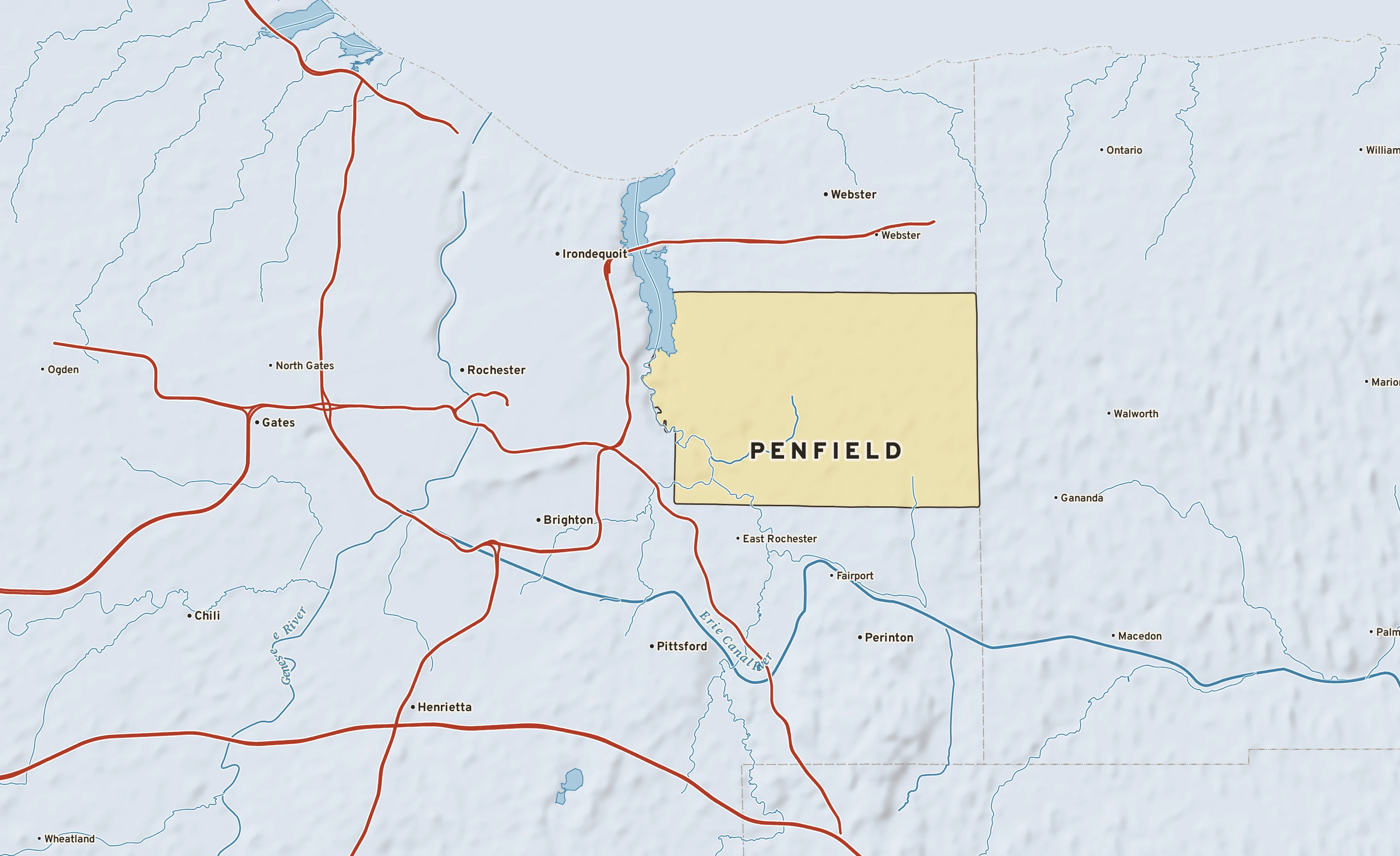 Shaded-relief atlas plate of Penfield, New York: rivers, roads, the city limits and where the water drains.