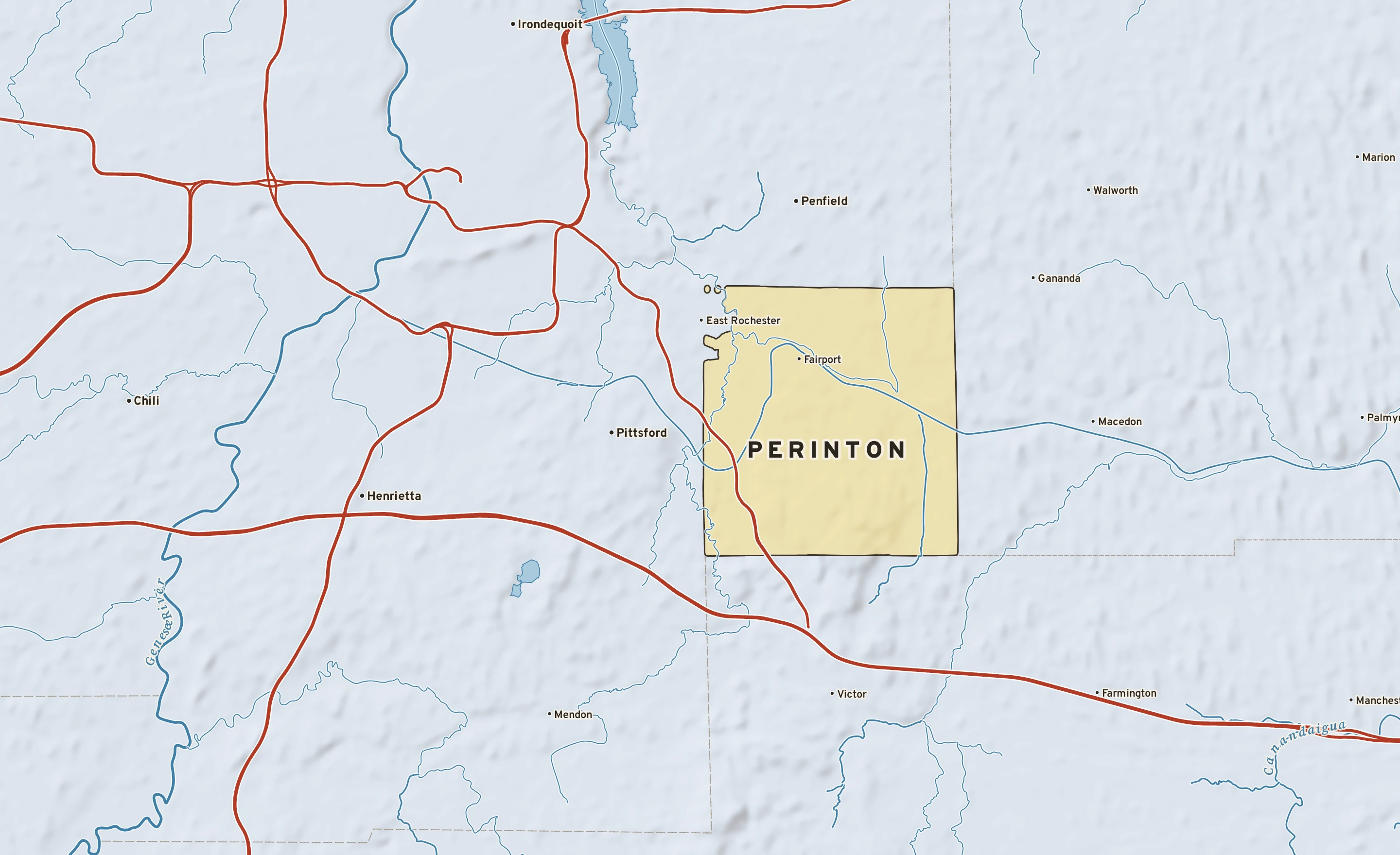 Shaded-relief atlas plate of Perinton, New York: rivers, roads, the city limits and where the water drains.
