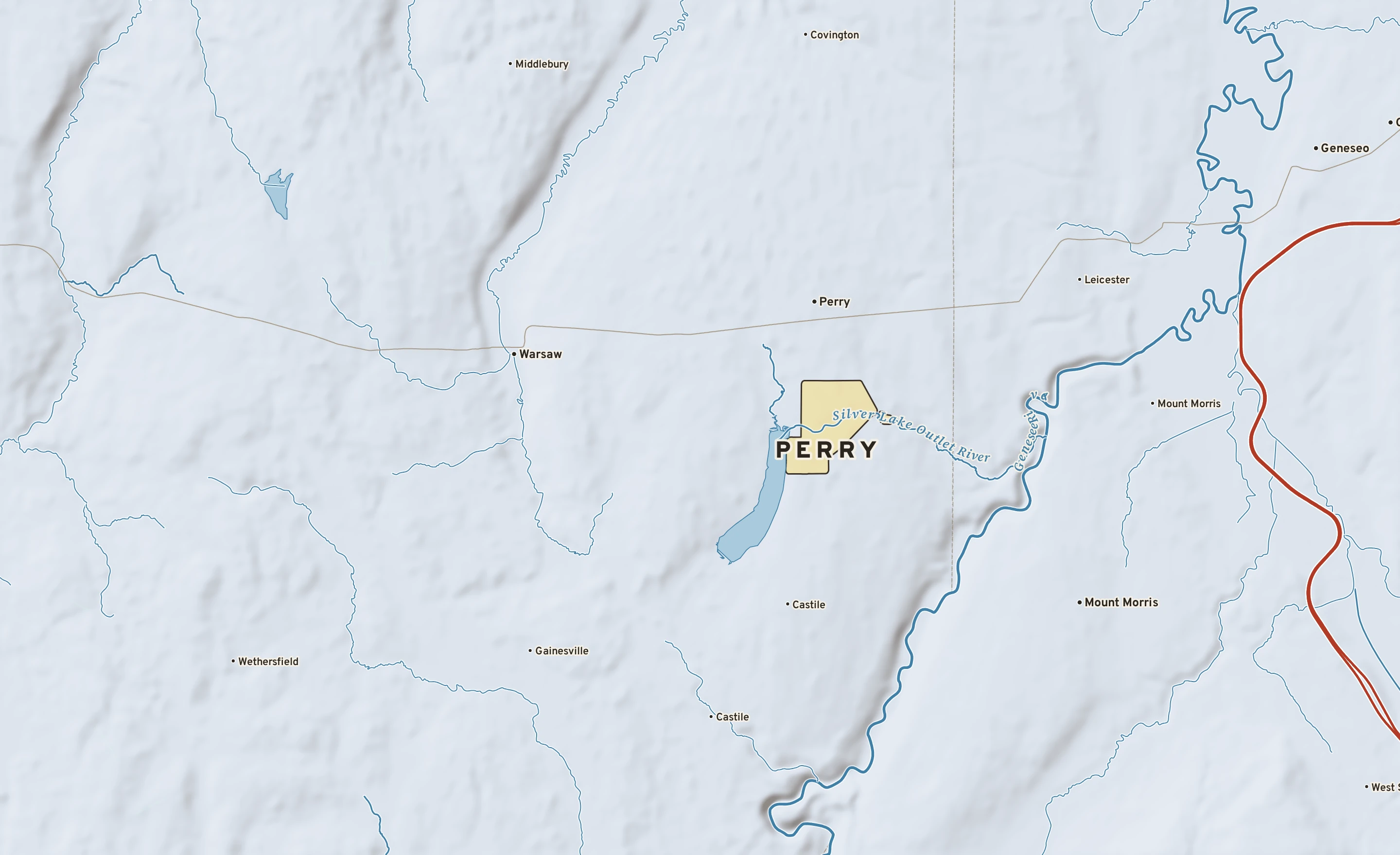 Shaded-relief atlas plate of Perry, New York: rivers, roads, the city limits and where the water drains.