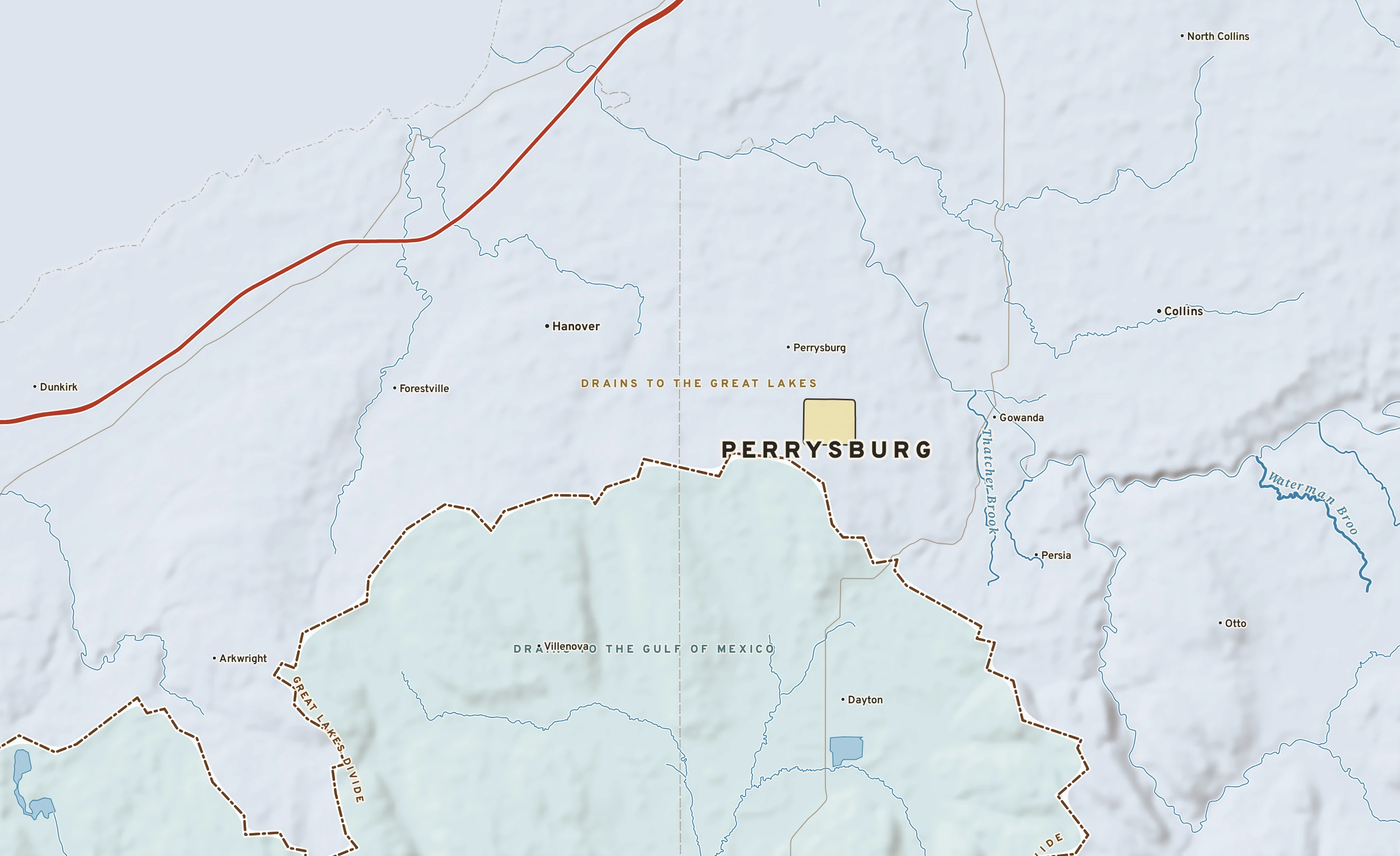 Shaded-relief atlas plate of Perrysburg, New York: rivers, roads, the city limits and where the water drains.