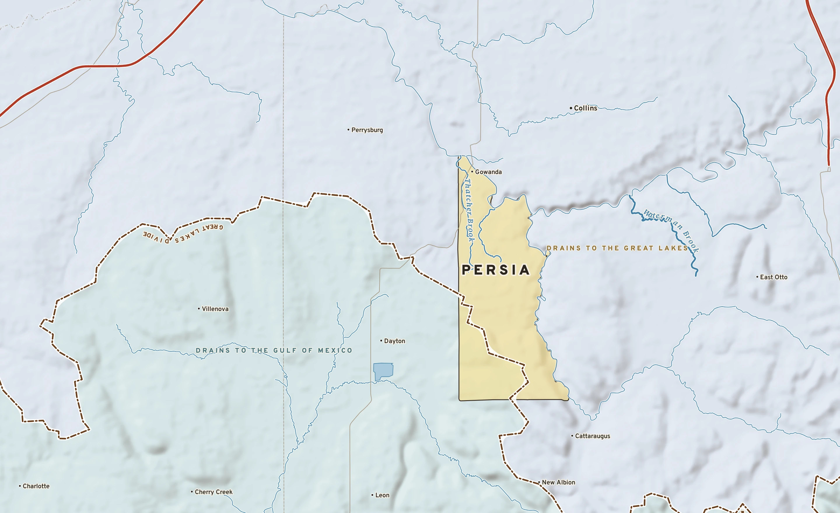Shaded-relief atlas plate of Persia, New York: rivers, roads, the city limits and where the water drains.