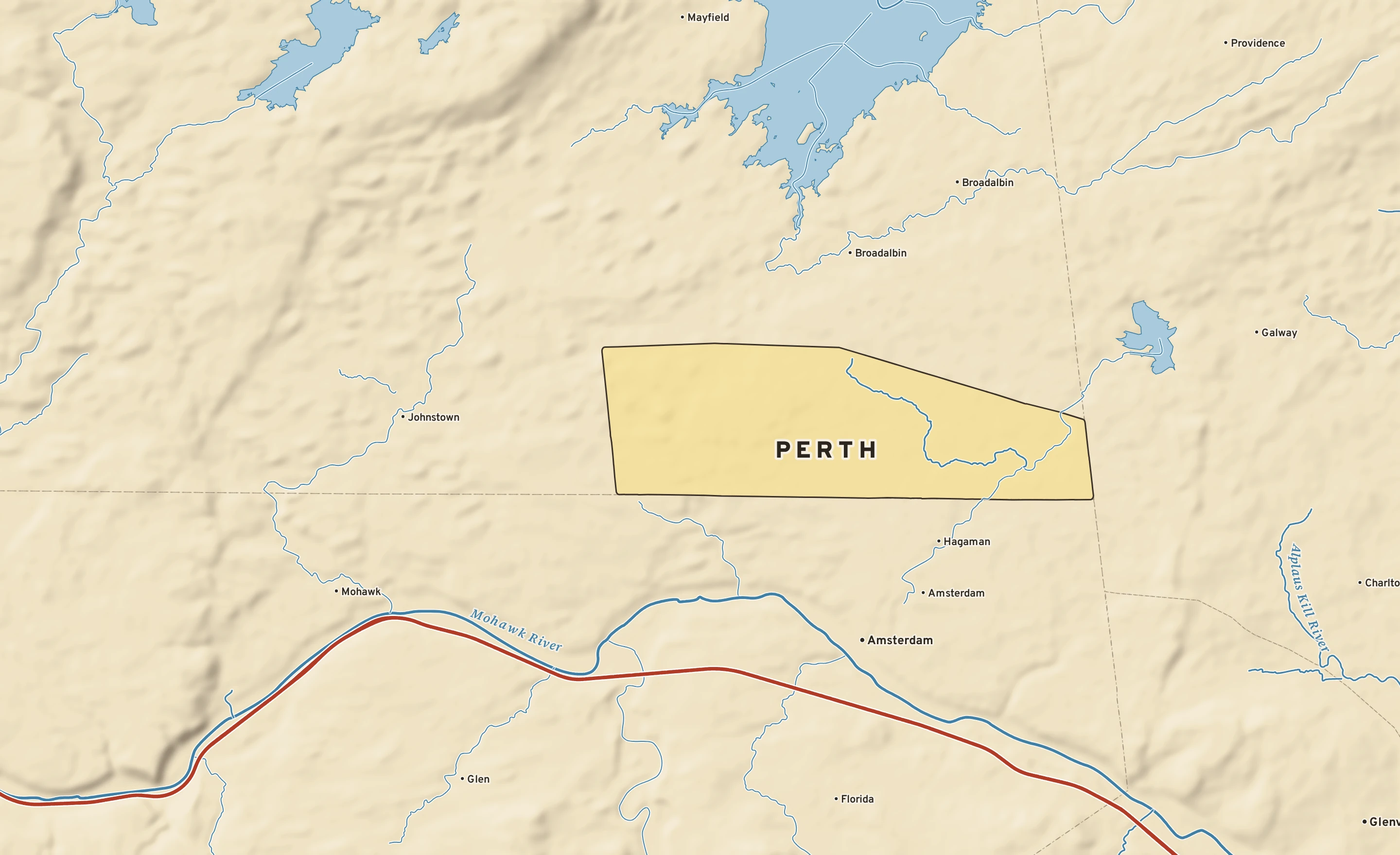 Shaded-relief atlas plate of Perth, New York: rivers, roads, the city limits and where the water drains.