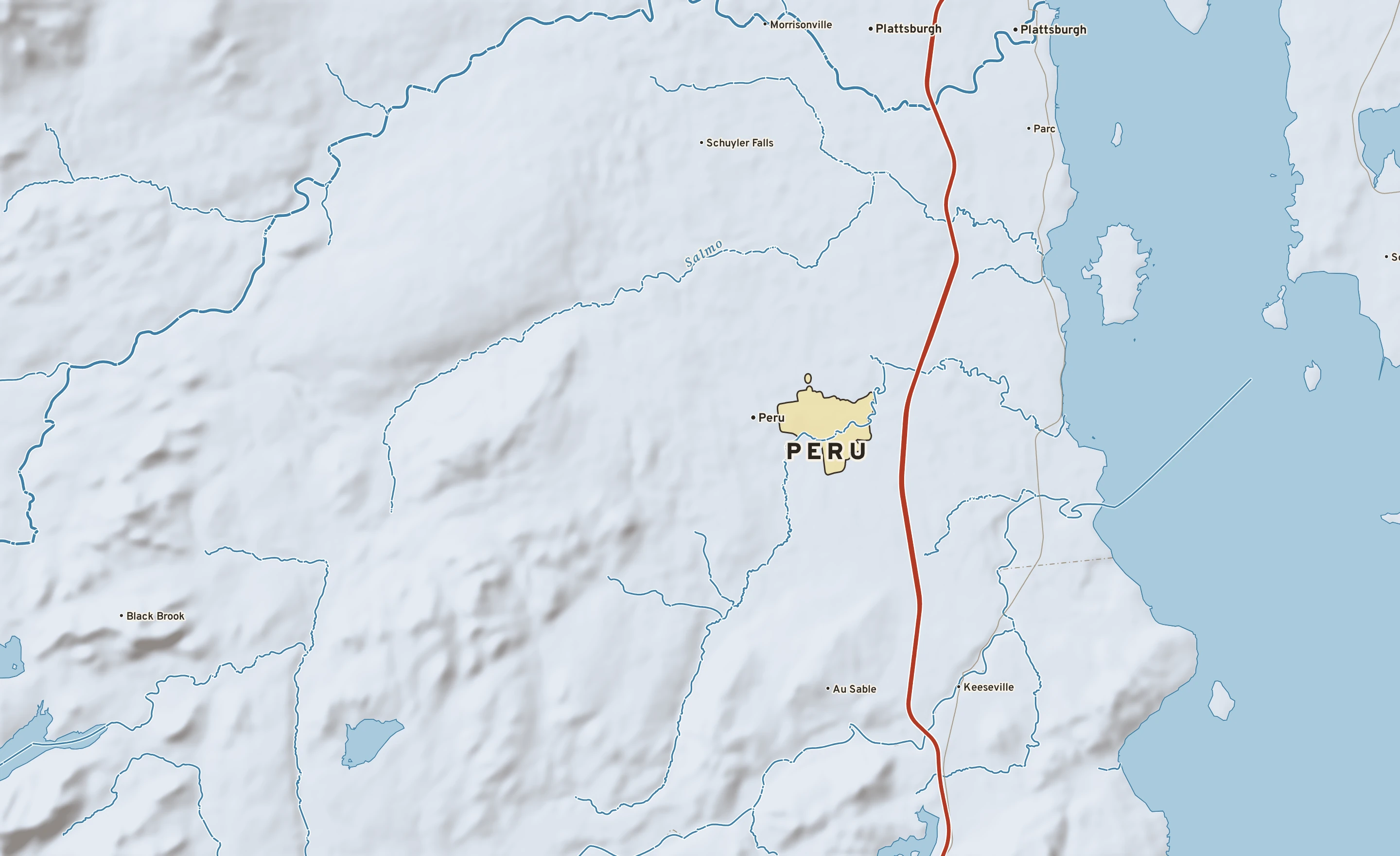 Shaded-relief atlas plate of Peru, New York: rivers, roads, the city limits and where the water drains.