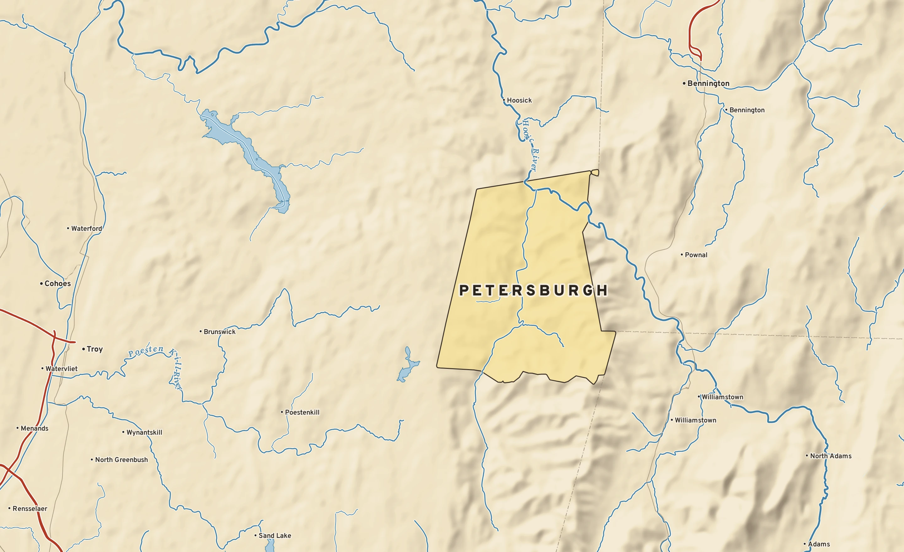 Shaded-relief atlas plate of Petersburgh, New York: rivers, roads, the city limits and where the water drains.