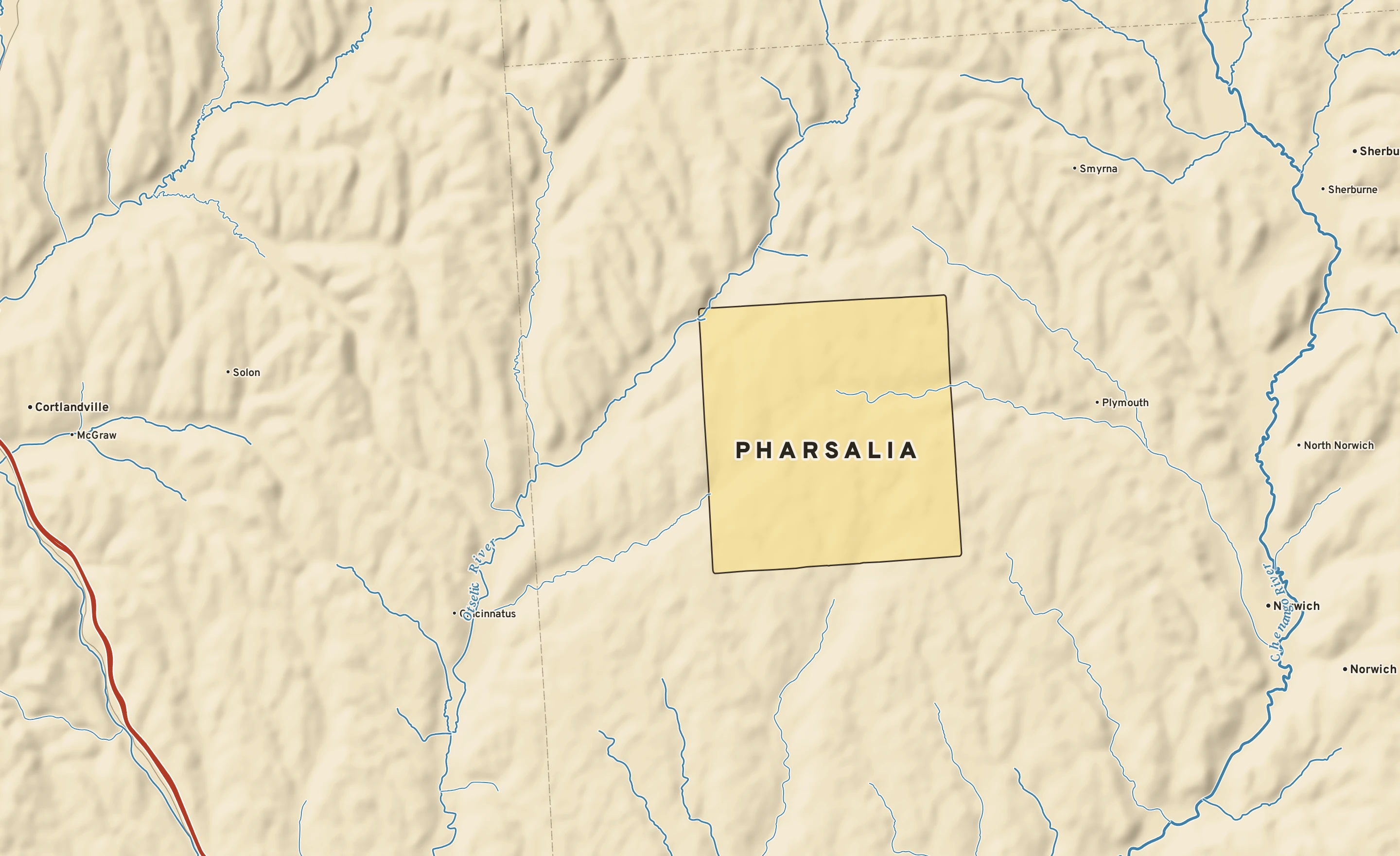 Shaded-relief atlas plate of Pharsalia, New York: rivers, roads, the city limits and where the water drains.
