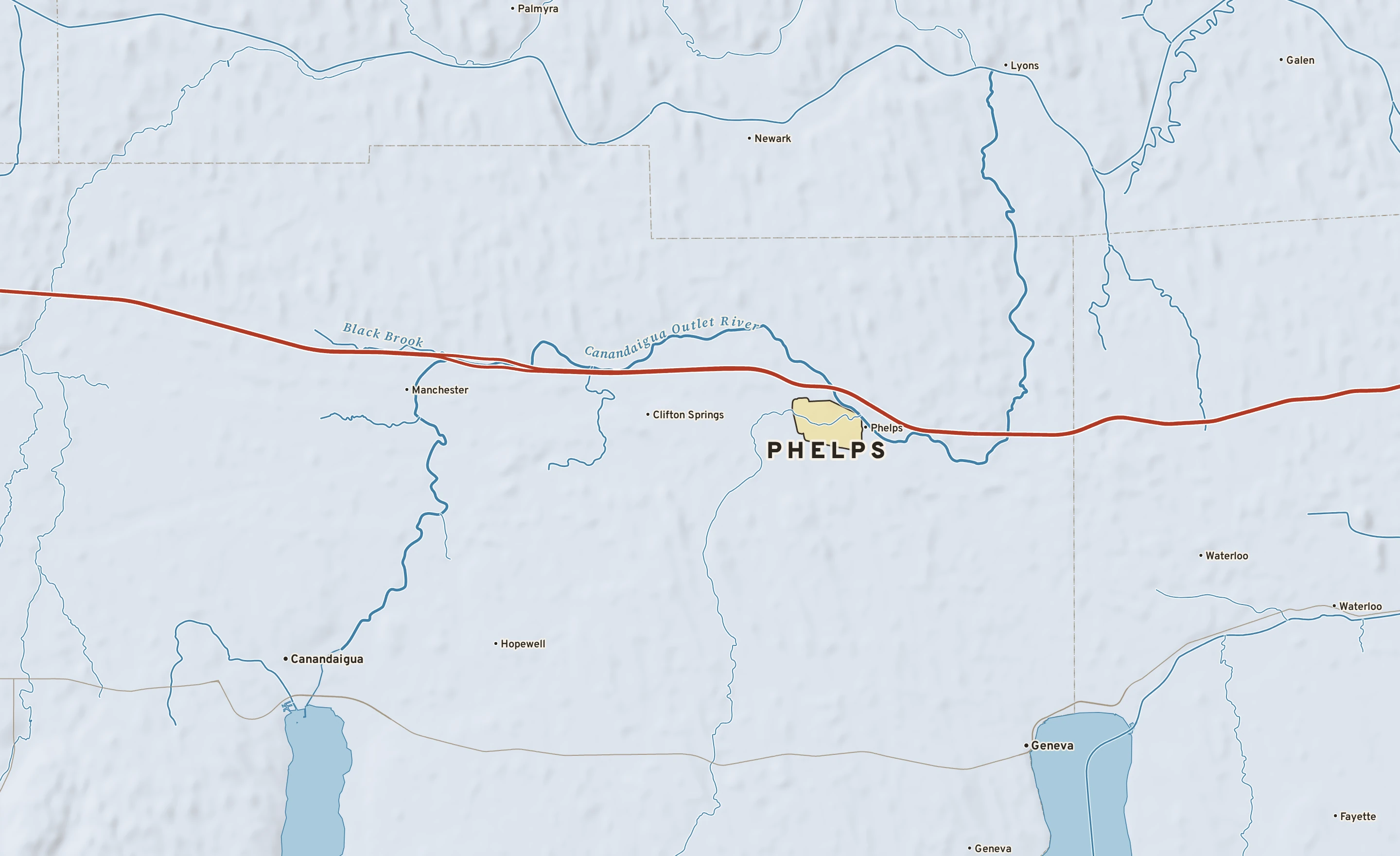Shaded-relief atlas plate of Phelps, New York: rivers, roads, the city limits and where the water drains.