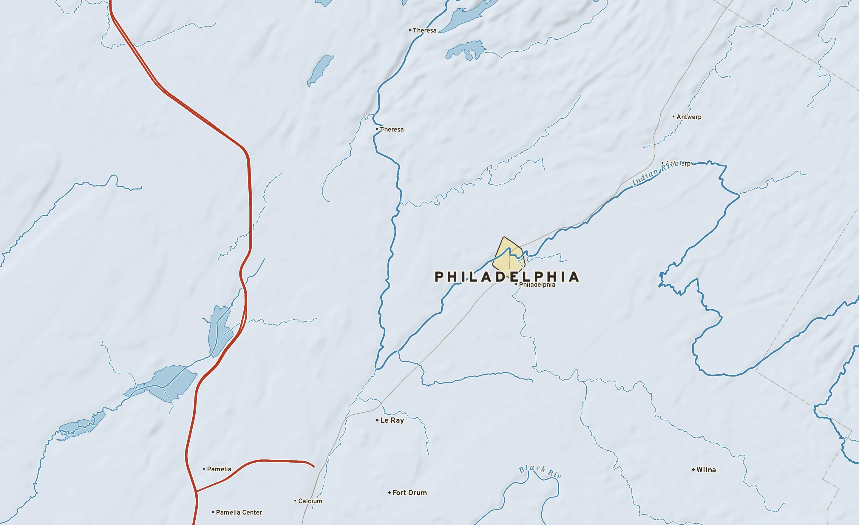 Shaded-relief atlas plate of Philadelphia, New York: rivers, roads, the city limits and where the water drains.
