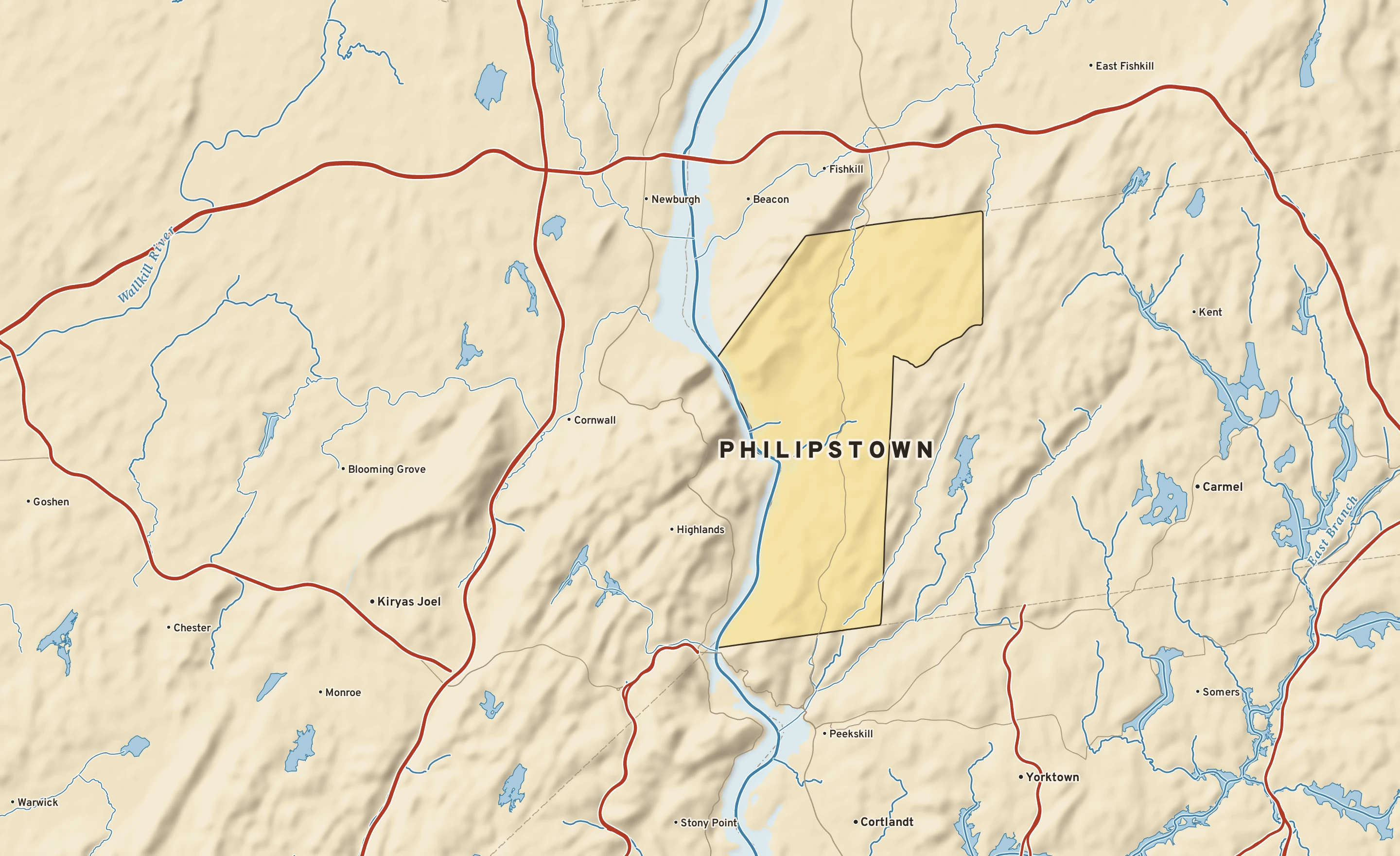 Shaded-relief atlas plate of Philipstown, New York: rivers, roads, the city limits and where the water drains.