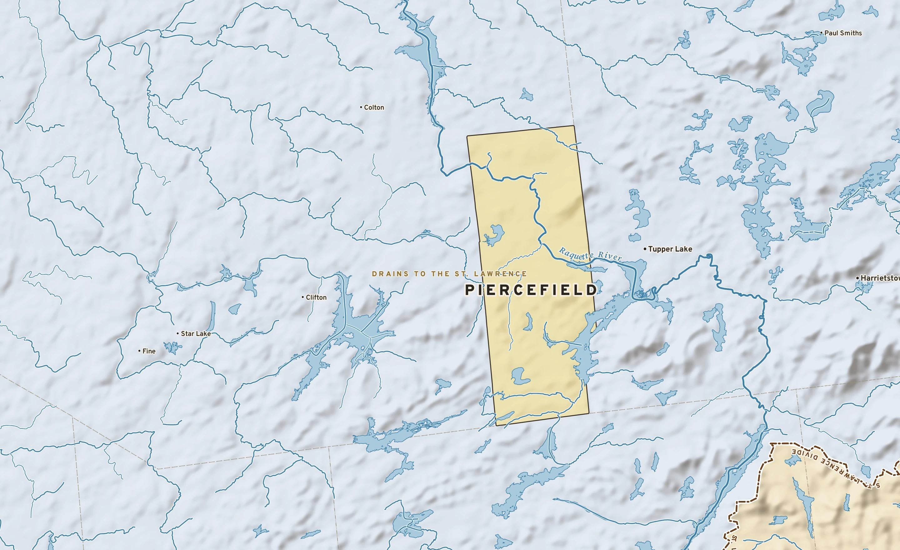 Shaded-relief atlas plate of Piercefield, New York: rivers, roads, the city limits and where the water drains.