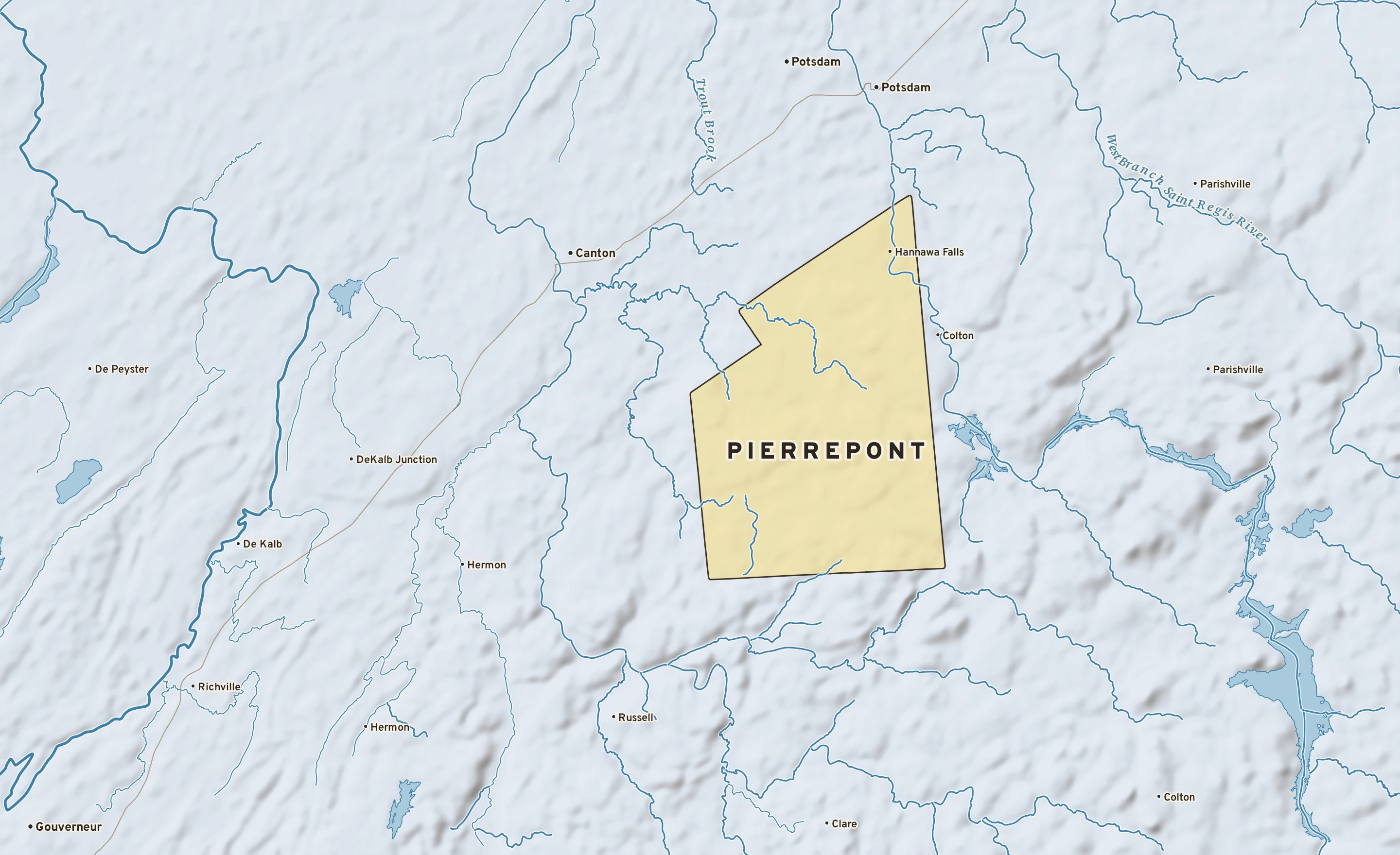 Shaded-relief atlas plate of Pierrepont, New York: rivers, roads, the city limits and where the water drains.