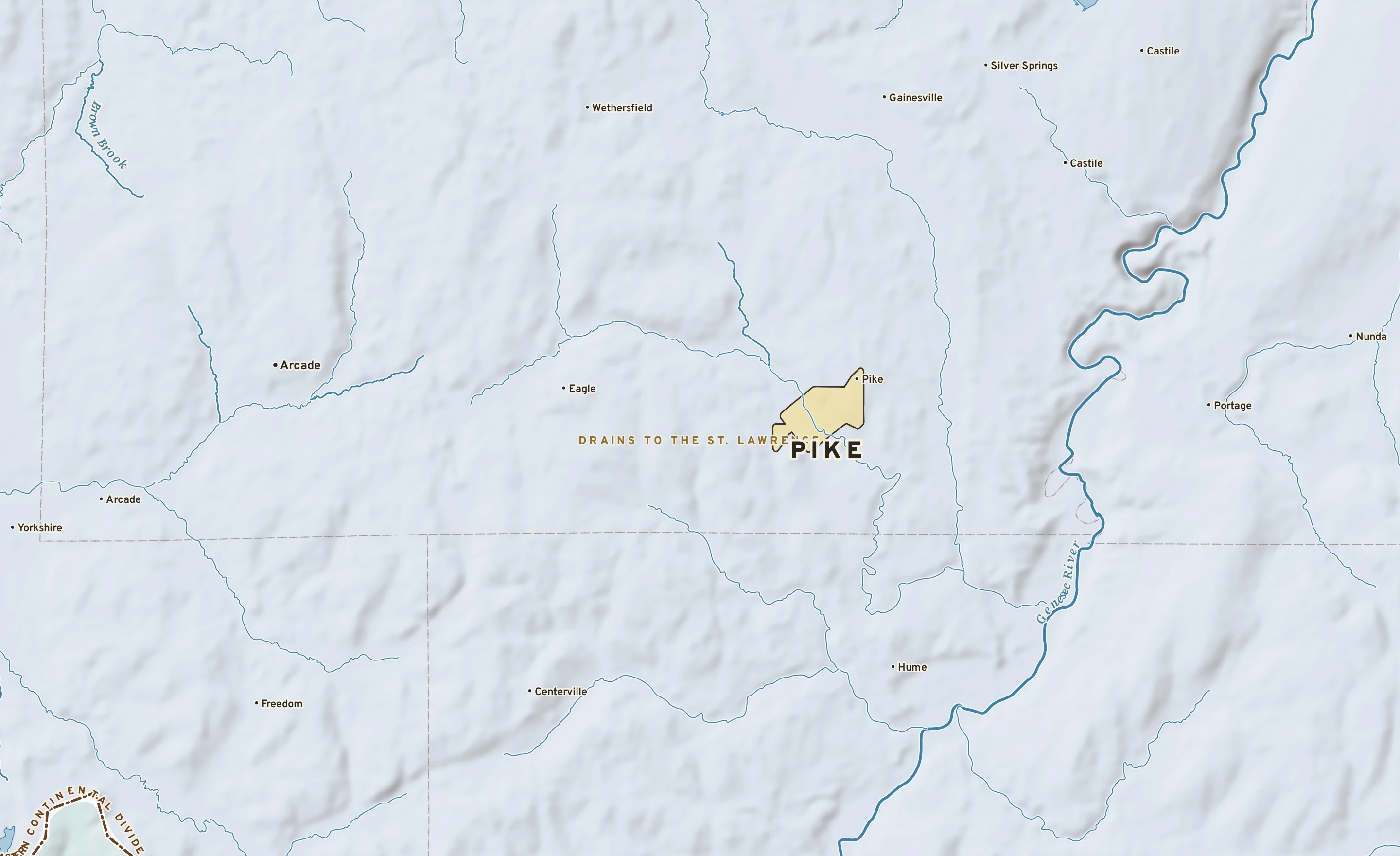 Shaded-relief atlas plate of Pike, New York: rivers, roads, the city limits and where the water drains.