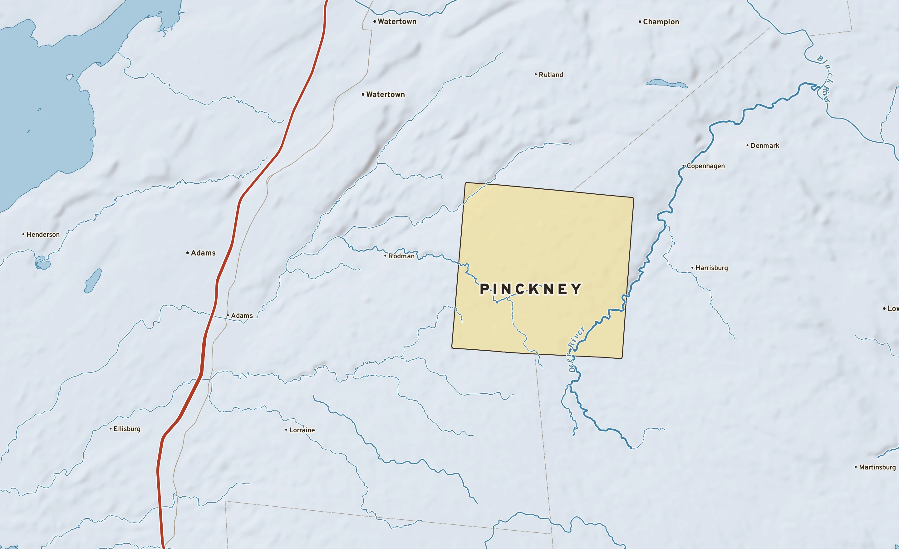 Shaded-relief atlas plate of Pinckney, New York: rivers, roads, the city limits and where the water drains.