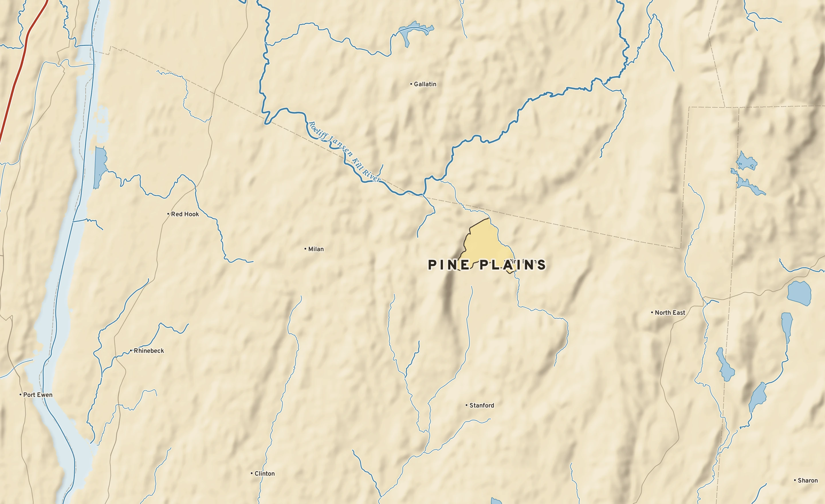 Shaded-relief atlas plate of Pine Plains, New York: rivers, roads, the city limits and where the water drains.