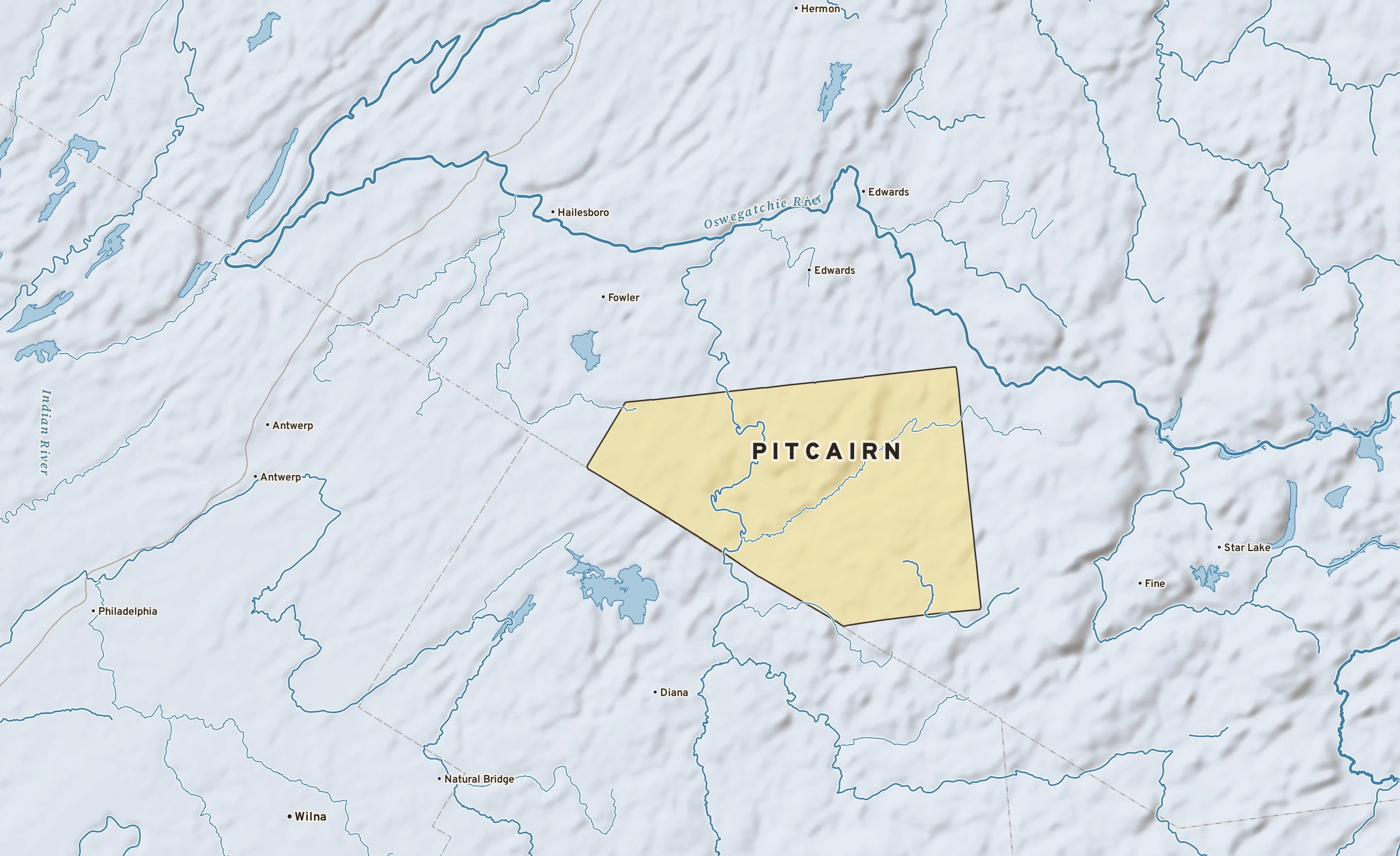 Shaded-relief atlas plate of Pitcairn, New York: rivers, roads, the city limits and where the water drains.