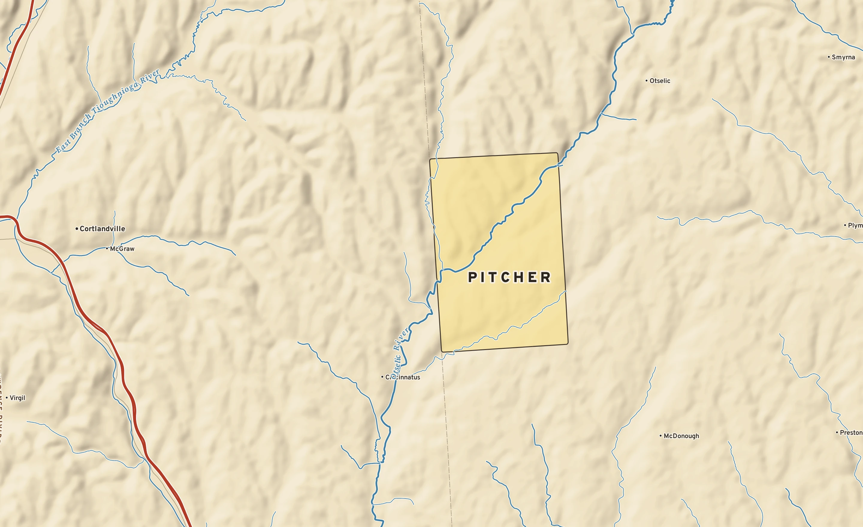 Shaded-relief atlas plate of Pitcher, New York: rivers, roads, the city limits and where the water drains.