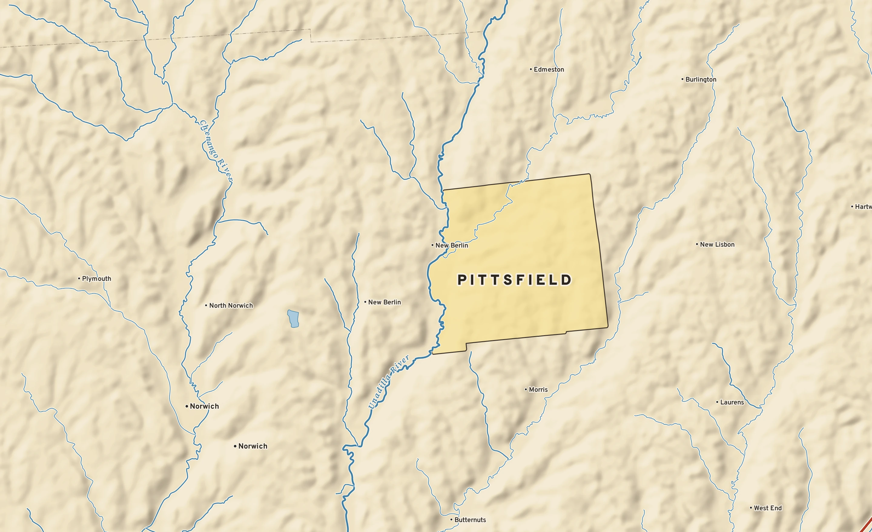 Shaded-relief atlas plate of Pittsfield, New York: rivers, roads, the city limits and where the water drains.