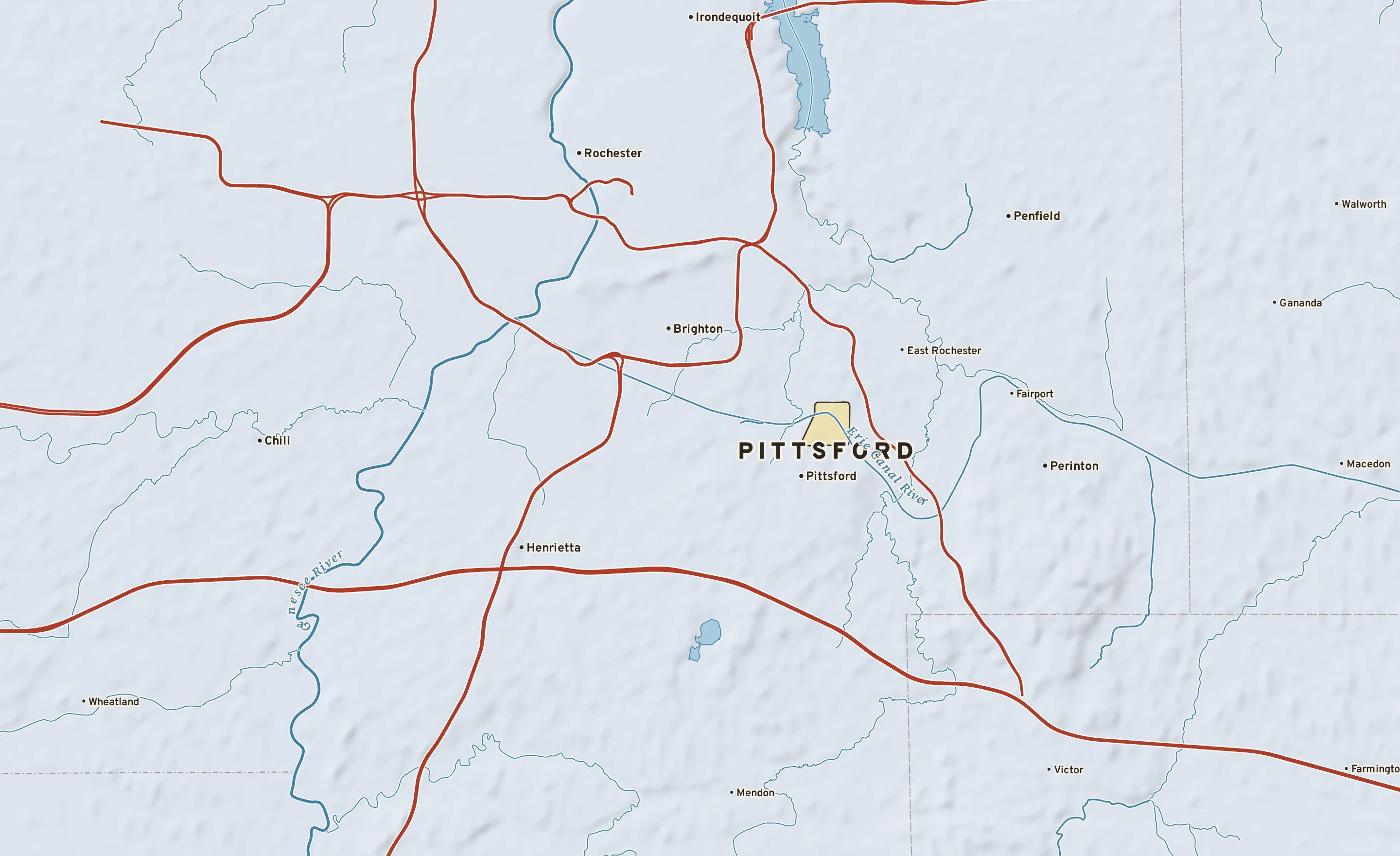 Shaded-relief atlas plate of Pittsford, New York: rivers, roads, the city limits and where the water drains.