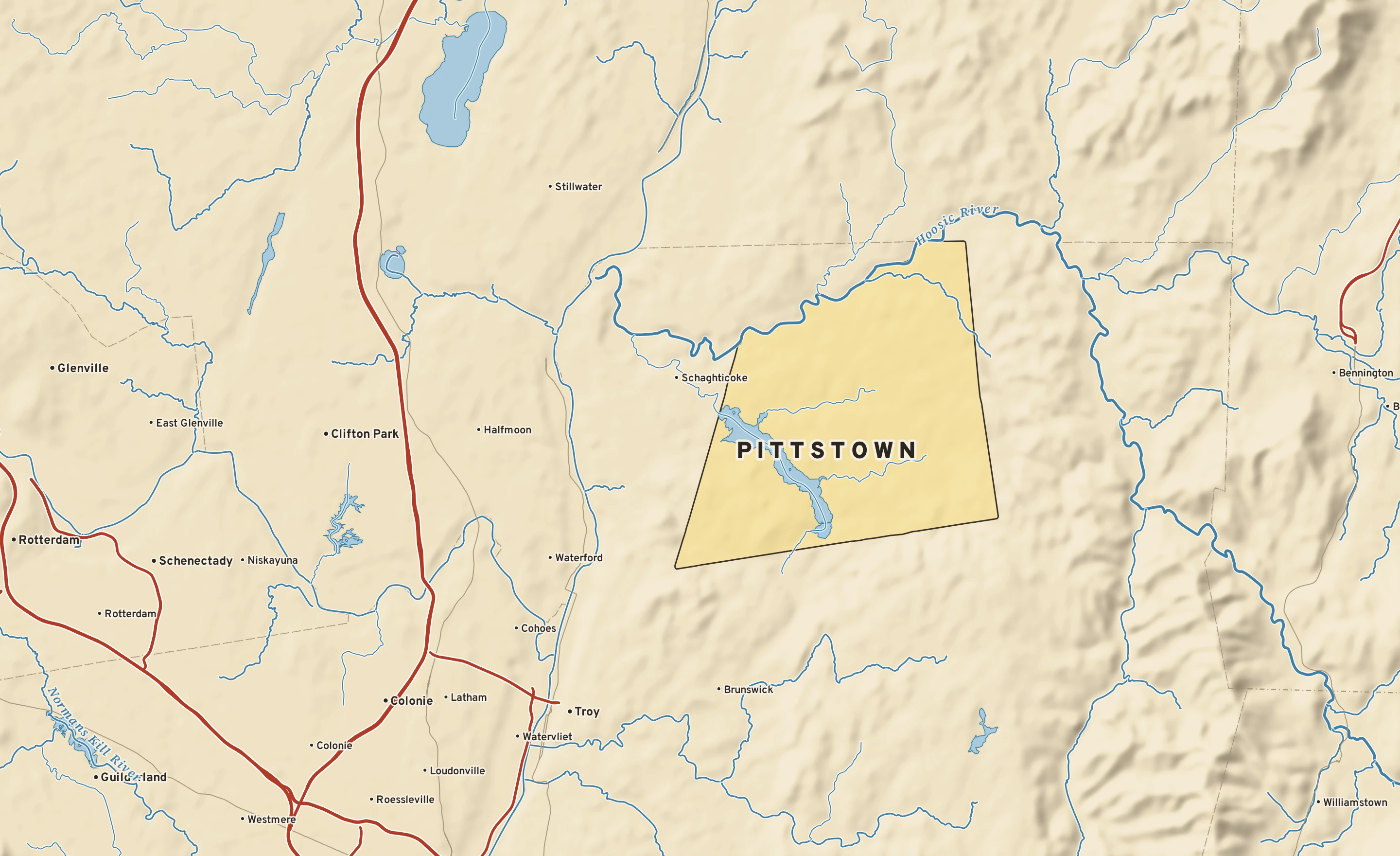 Shaded-relief atlas plate of Pittstown, New York: rivers, roads, the city limits and where the water drains.