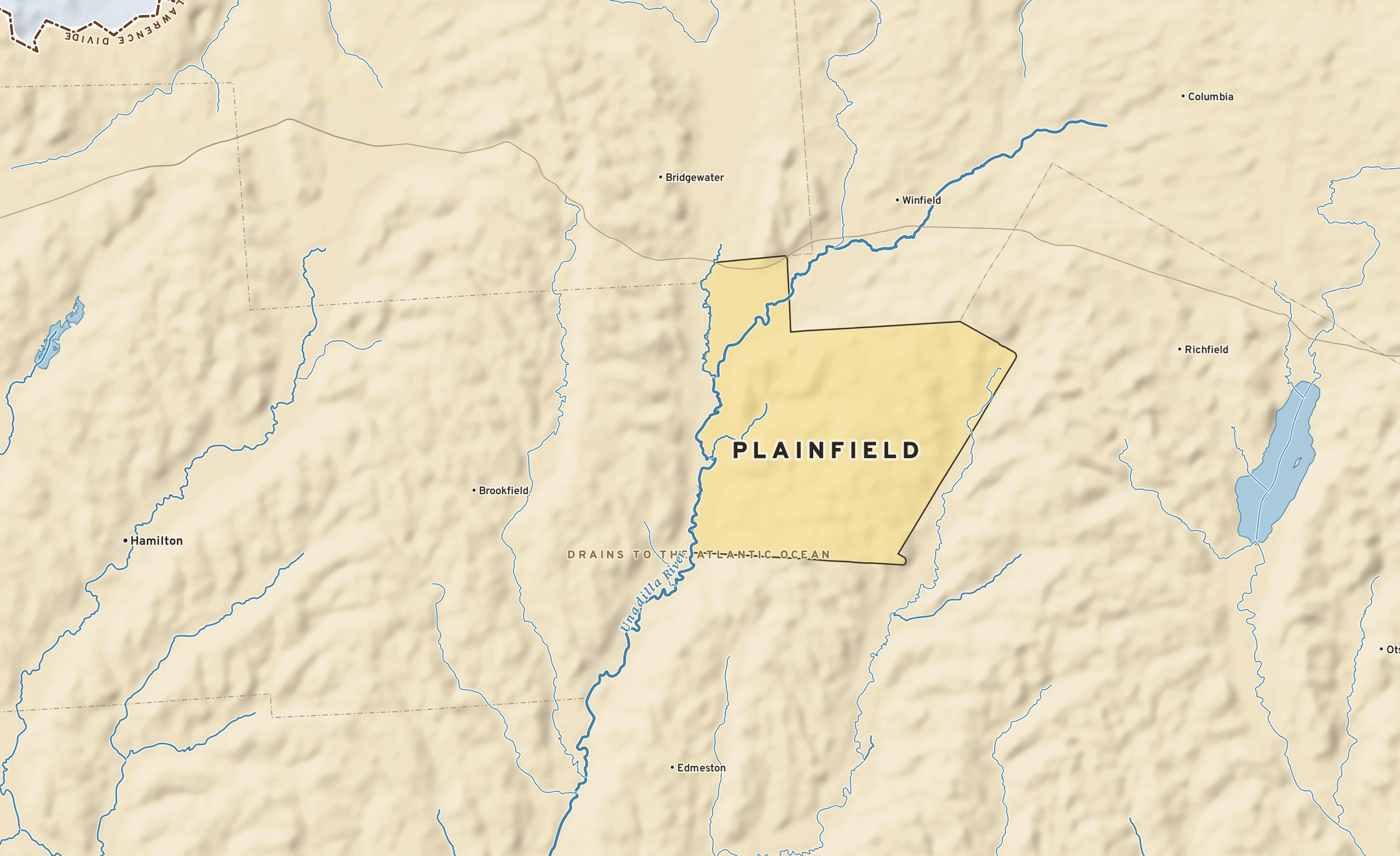 Shaded-relief atlas plate of Plainfield, New York: rivers, roads, the city limits and where the water drains.