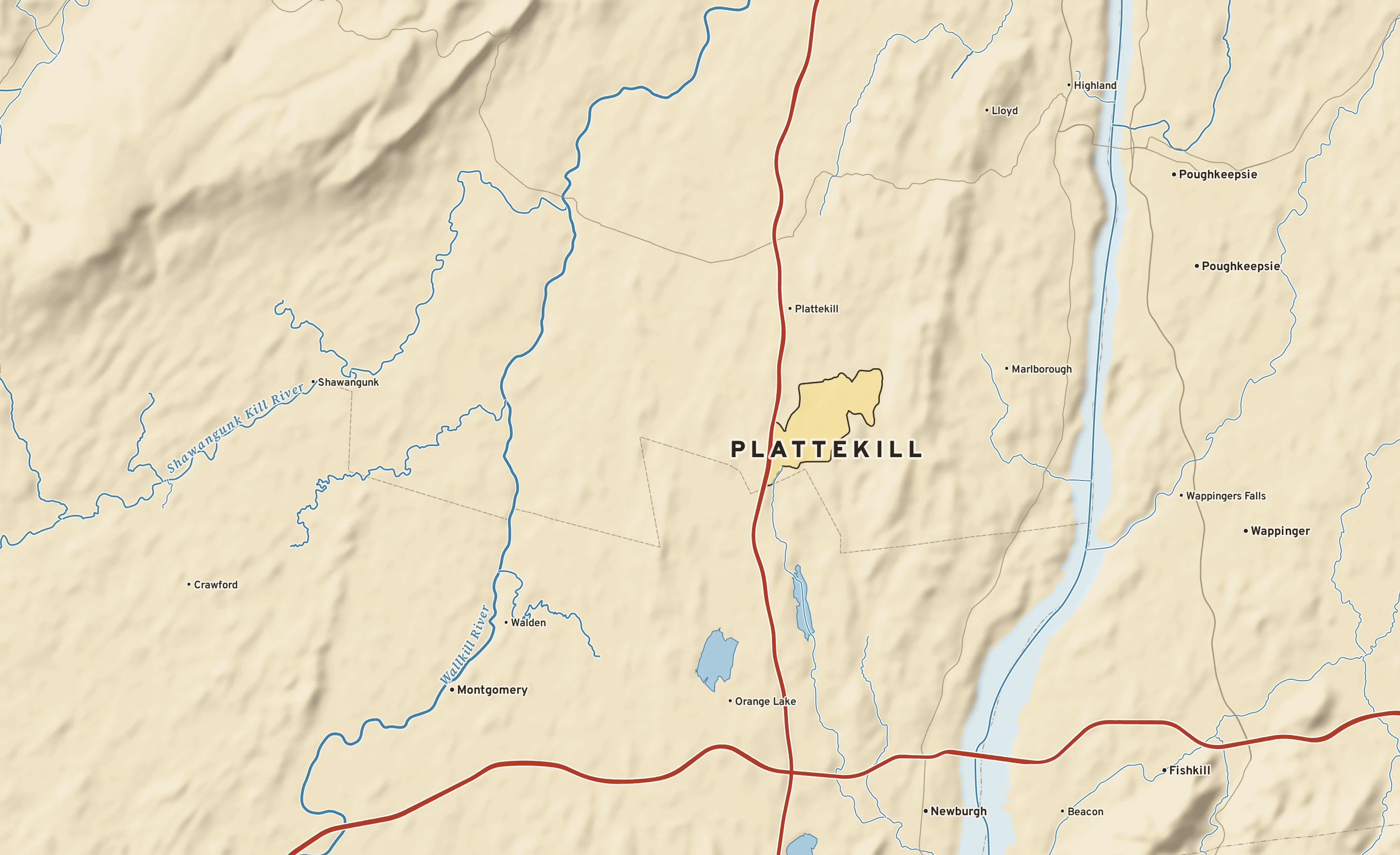 Shaded-relief atlas plate of Plattekill, New York: rivers, roads, the city limits and where the water drains.