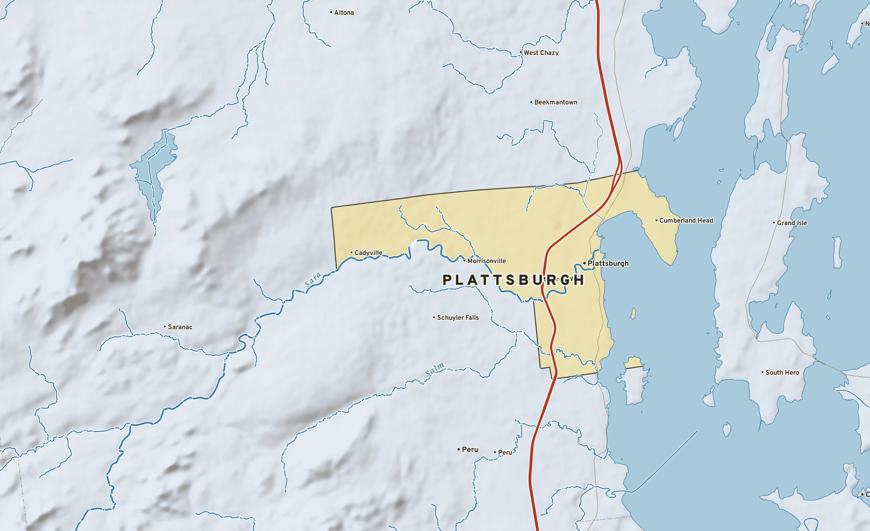 Shaded-relief atlas plate of Plattsburgh, New York: rivers, roads, the city limits and where the water drains.