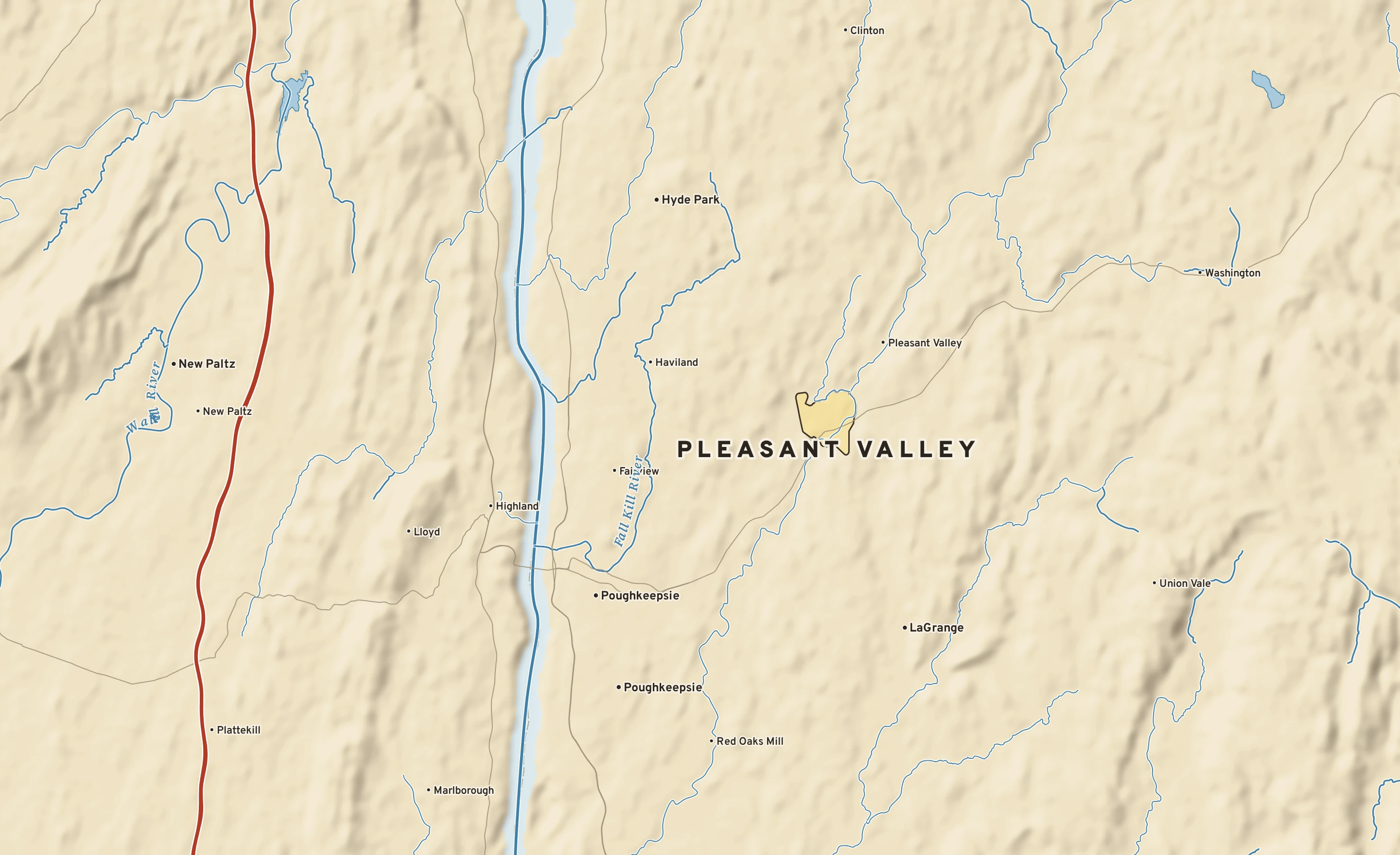 Shaded-relief atlas plate of Pleasant Valley, New York: rivers, roads, the city limits and where the water drains.