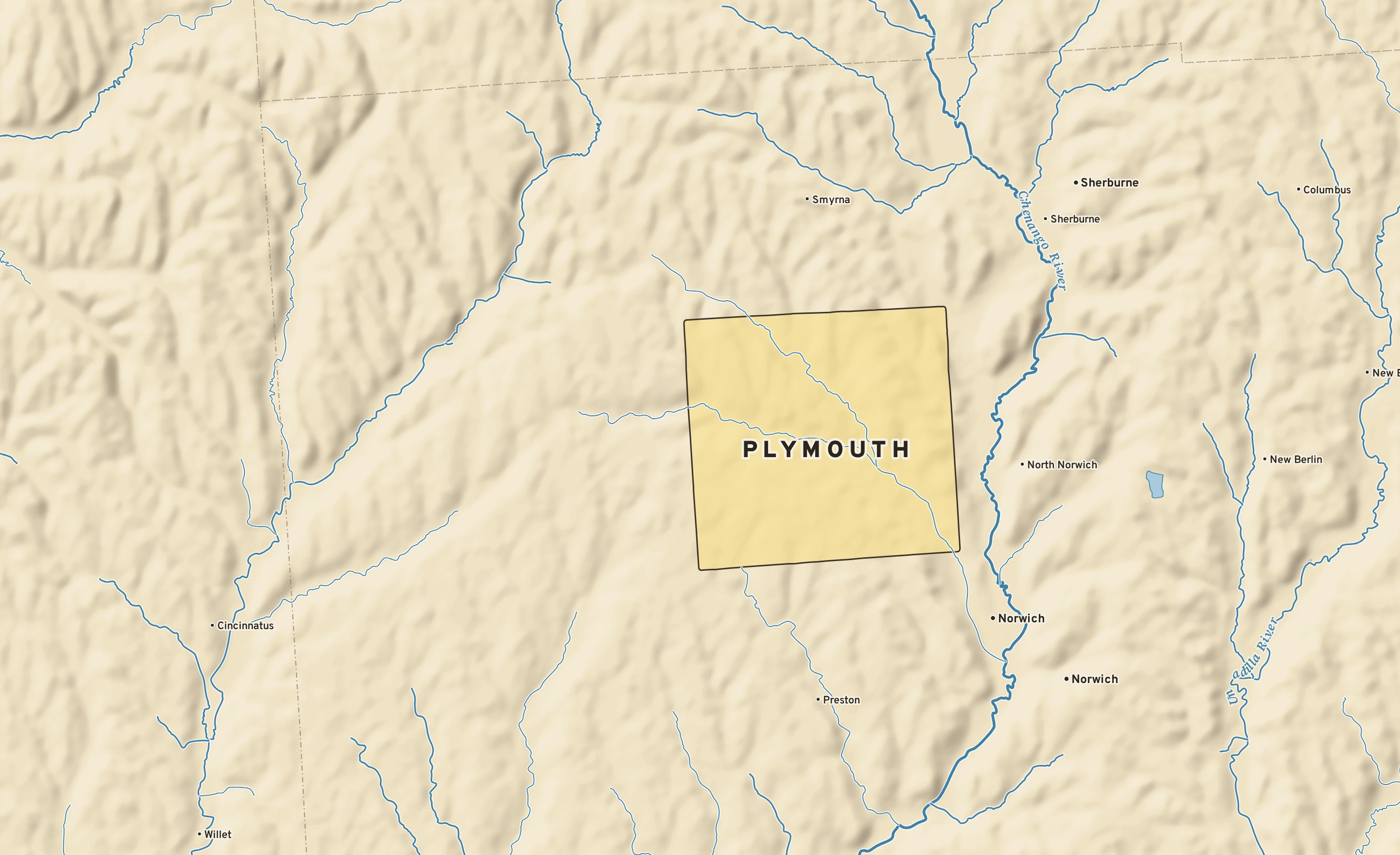 Shaded-relief atlas plate of Plymouth, New York: rivers, roads, the city limits and where the water drains.