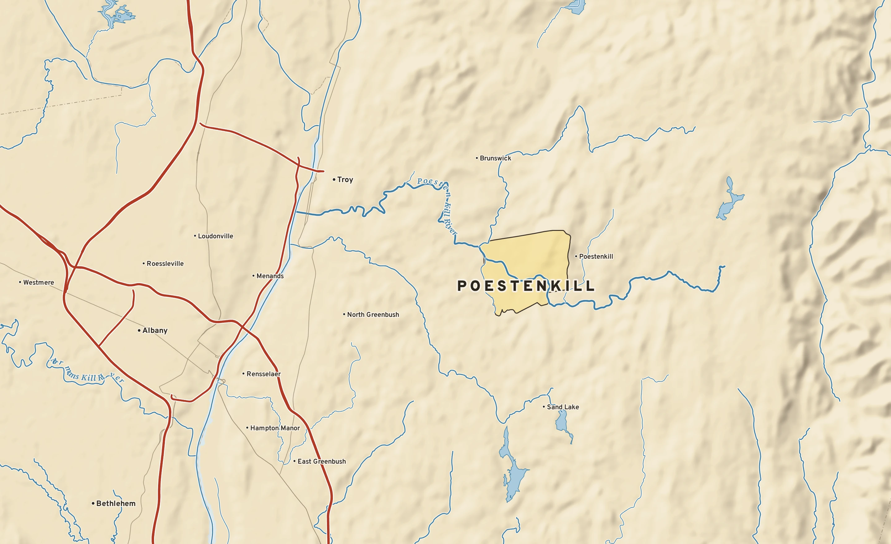 Shaded-relief atlas plate of Poestenkill, New York: rivers, roads, the city limits and where the water drains.