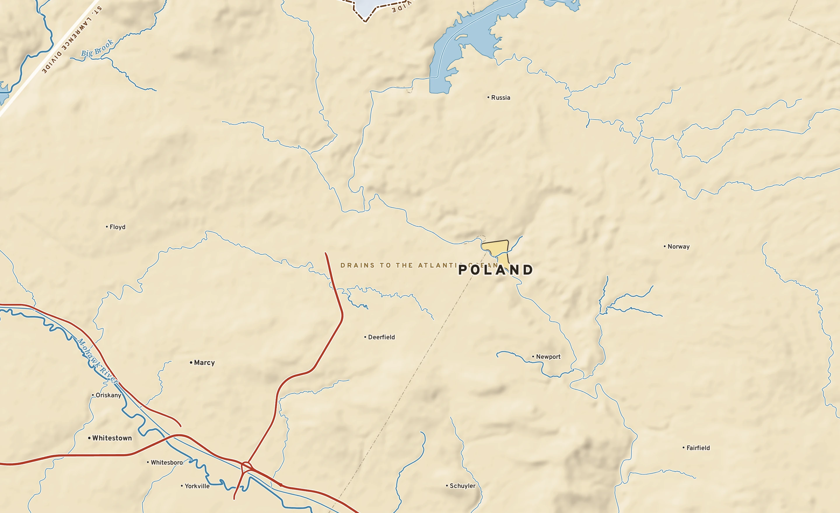Shaded-relief atlas plate of Poland, New York: rivers, roads, the city limits and where the water drains.