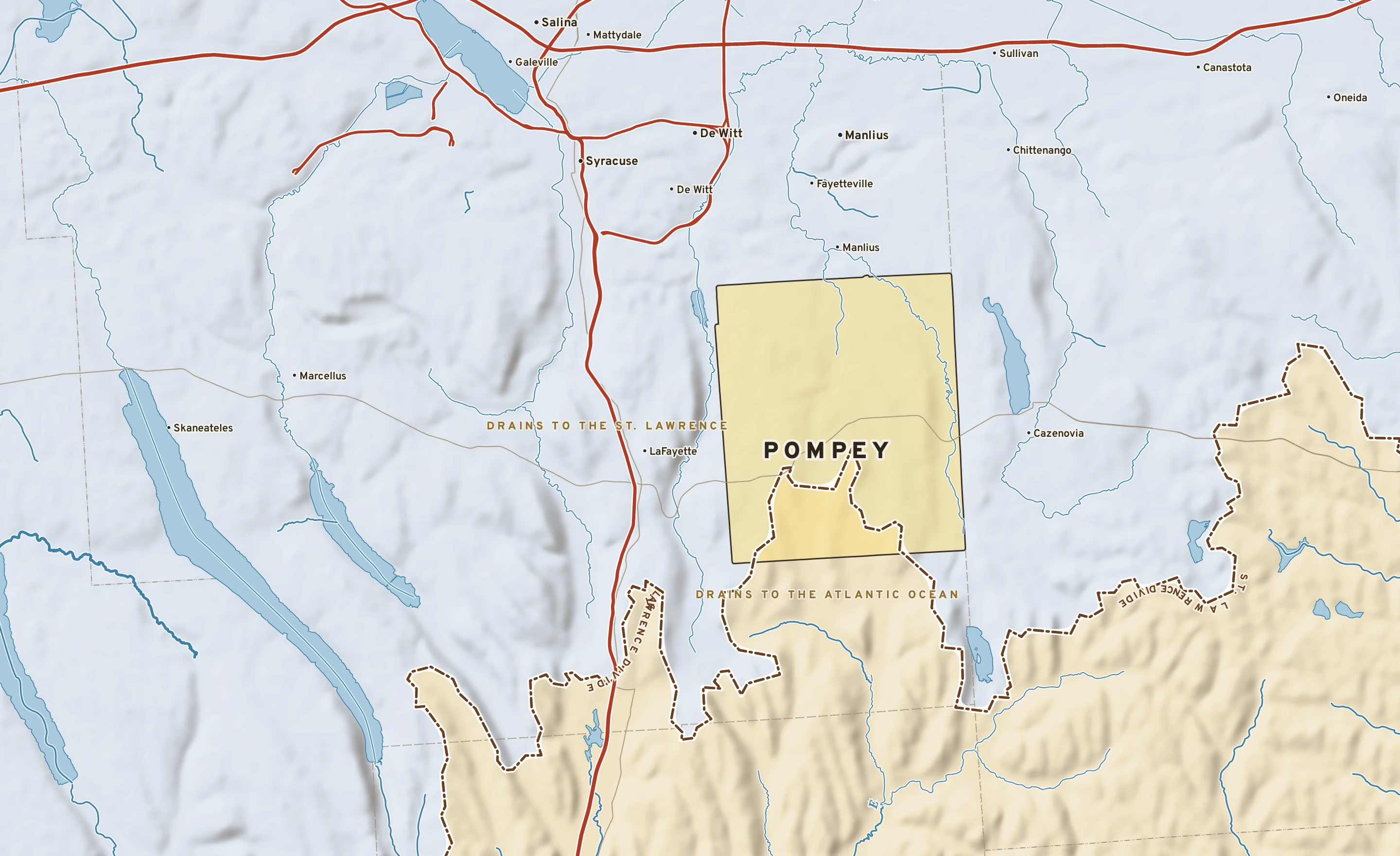 Shaded-relief atlas plate of Pompey, New York: rivers, roads, the city limits and where the water drains.