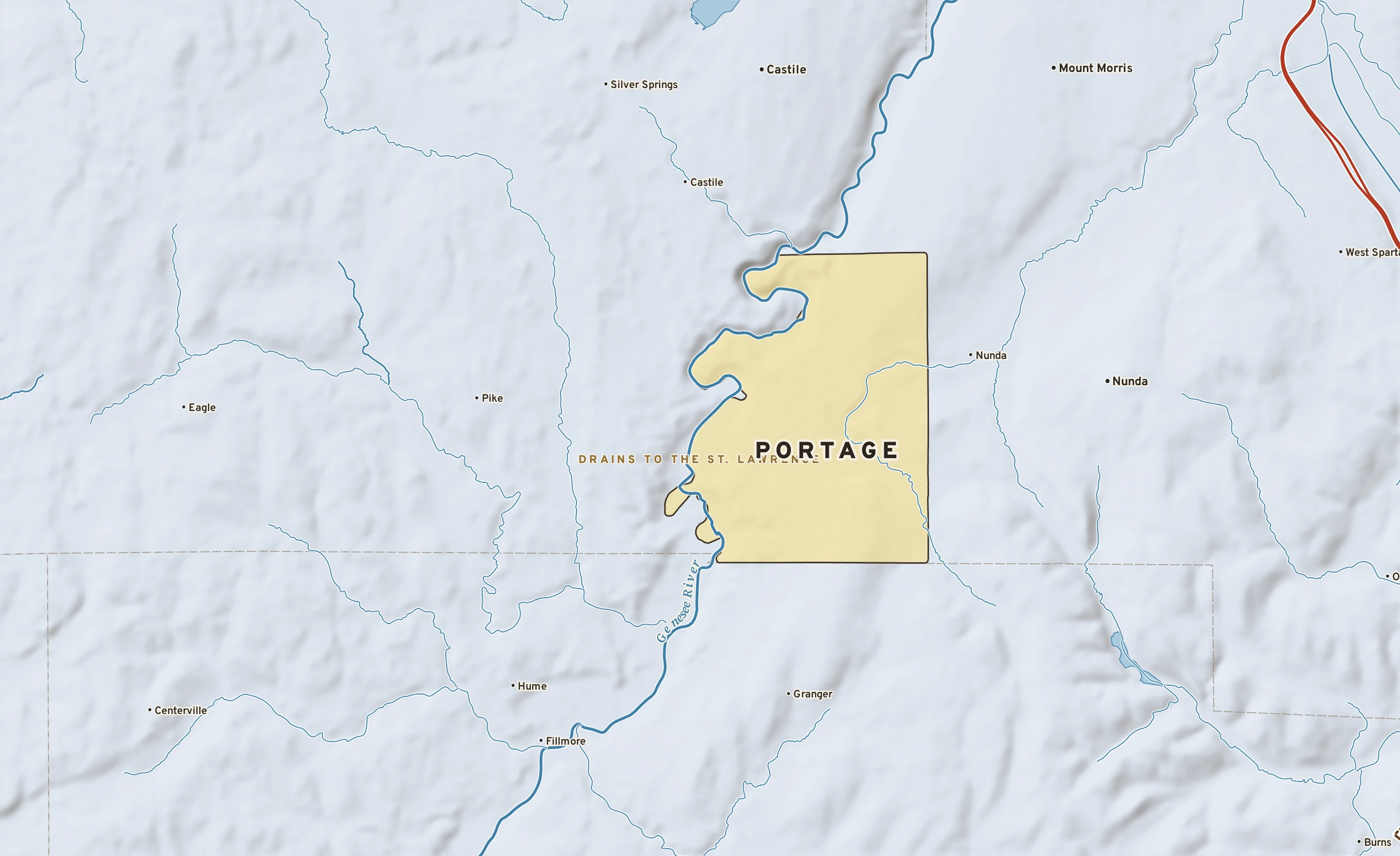 Shaded-relief atlas plate of Portage, New York: rivers, roads, the city limits and where the water drains.