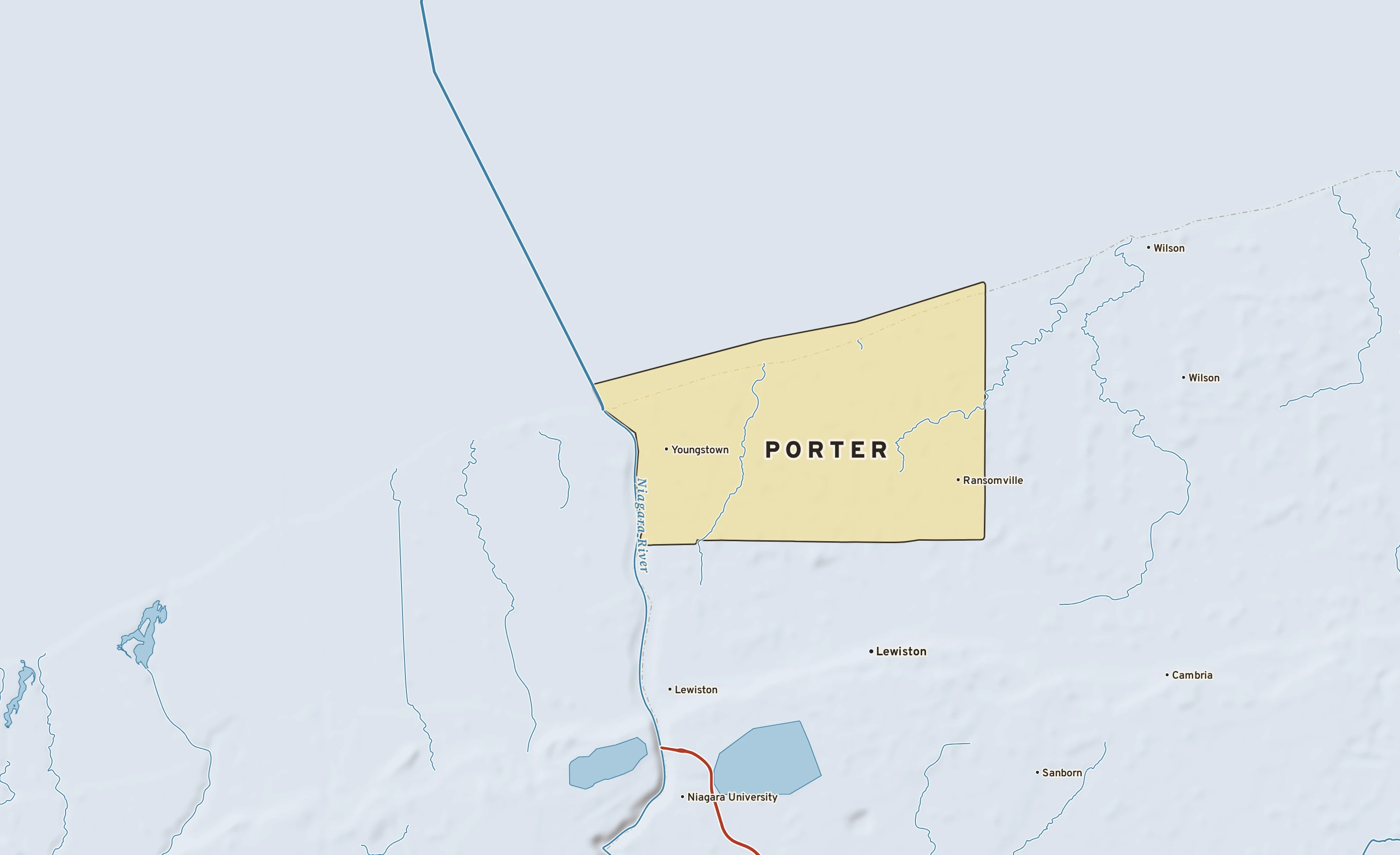 Shaded-relief atlas plate of Porter, New York: rivers, roads, the city limits and where the water drains.